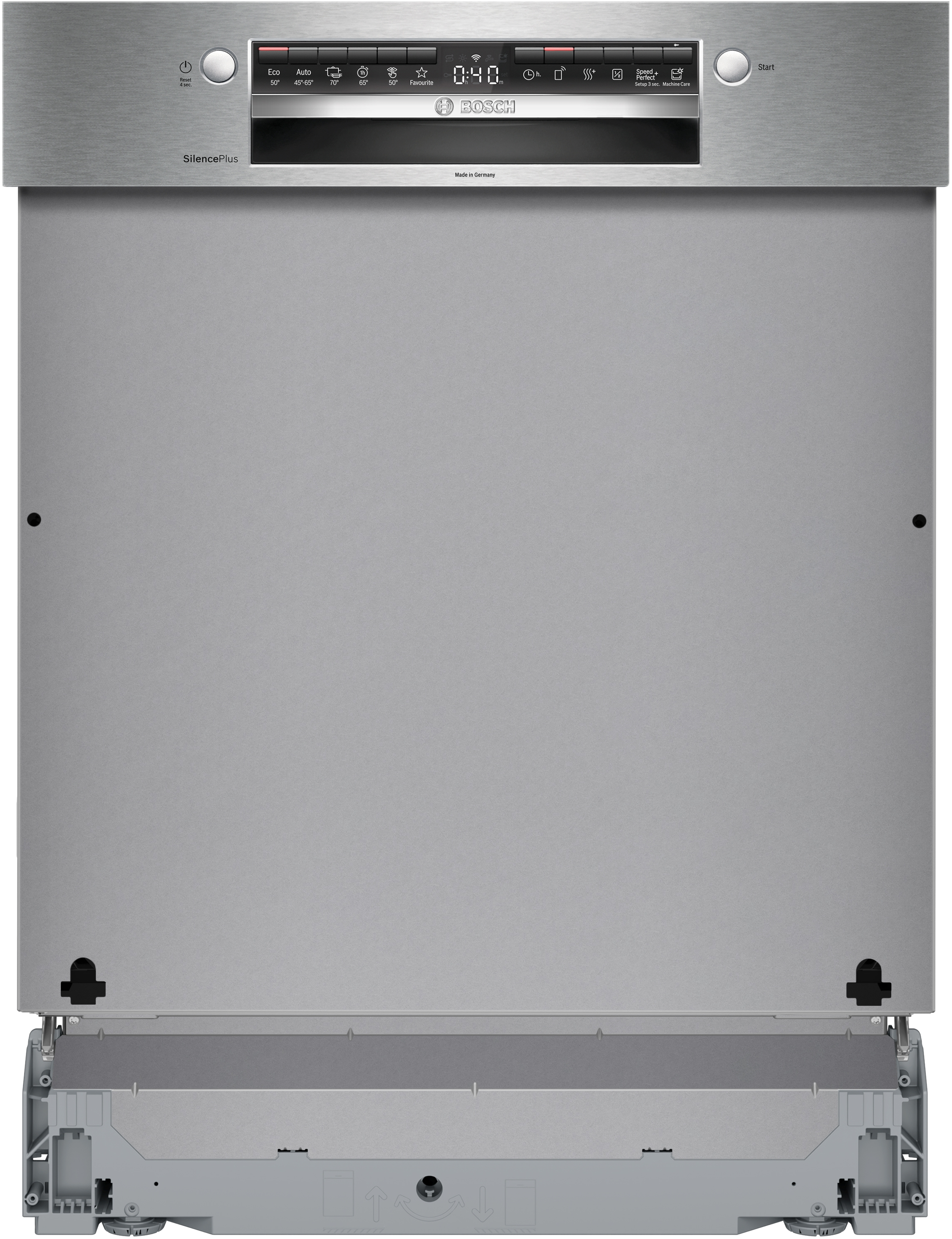 A stainless steel Bosch dishwasher with control panel, display, and buttons. It has a timer and various wash cycle options.