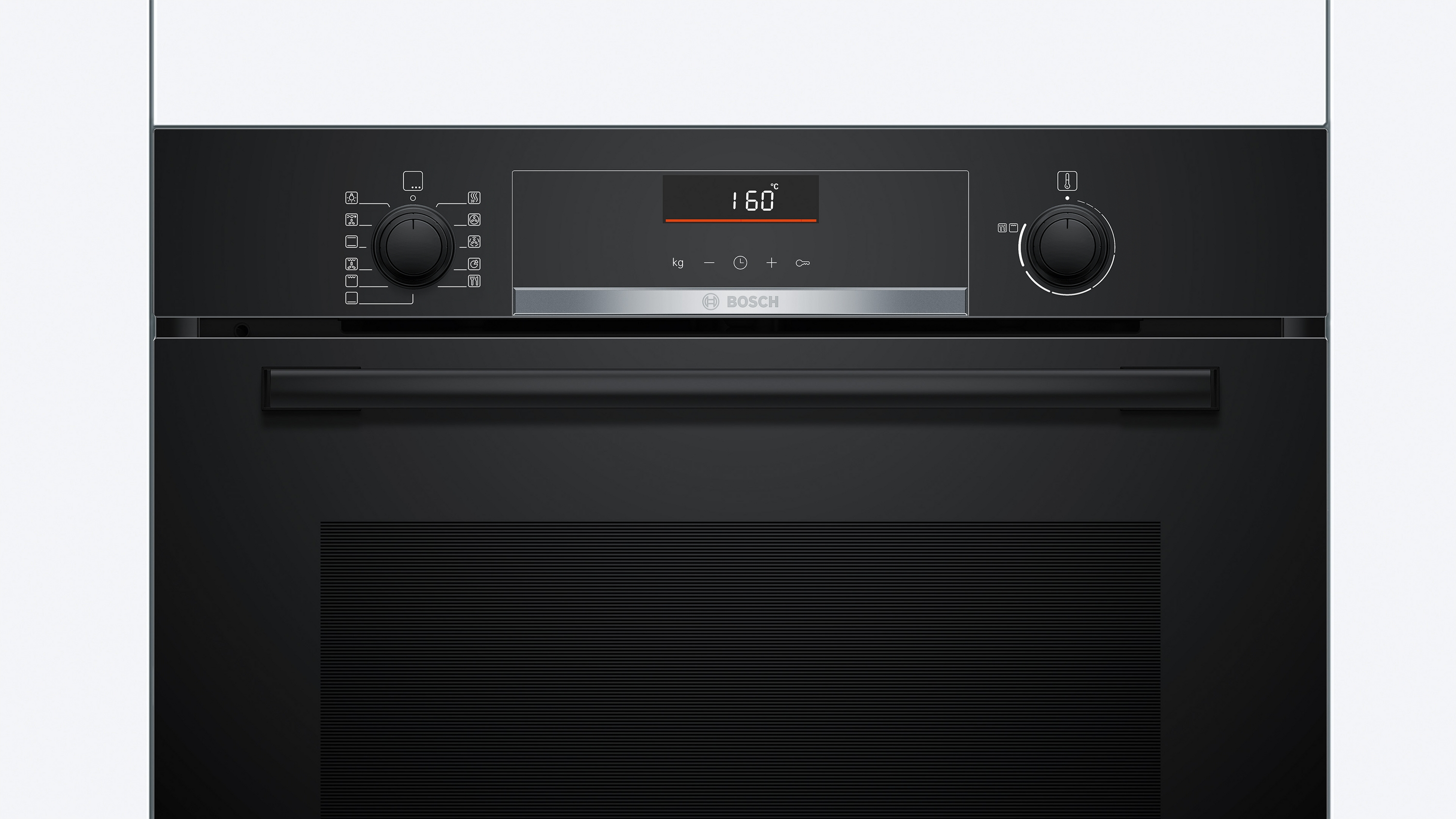 Black Bosch oven. Displays temperature 160C. Has dials for settings and temperature. Features a handle and brand logo.
