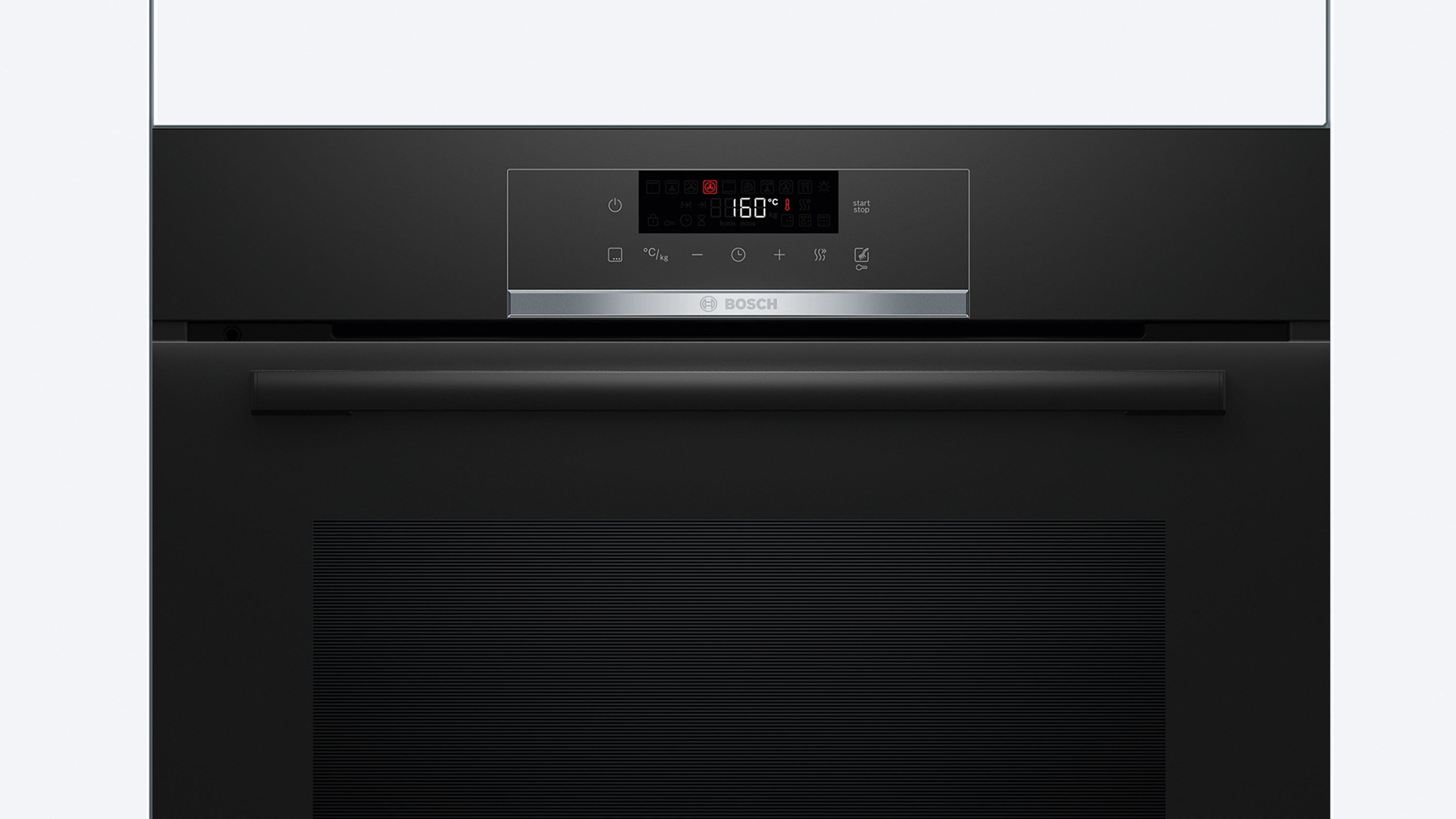 Een zwarte Bosch oven met een digitale display van 160°C. Het heeft een handvat en diverse bedieningsiconen. De achtergrond is wit.