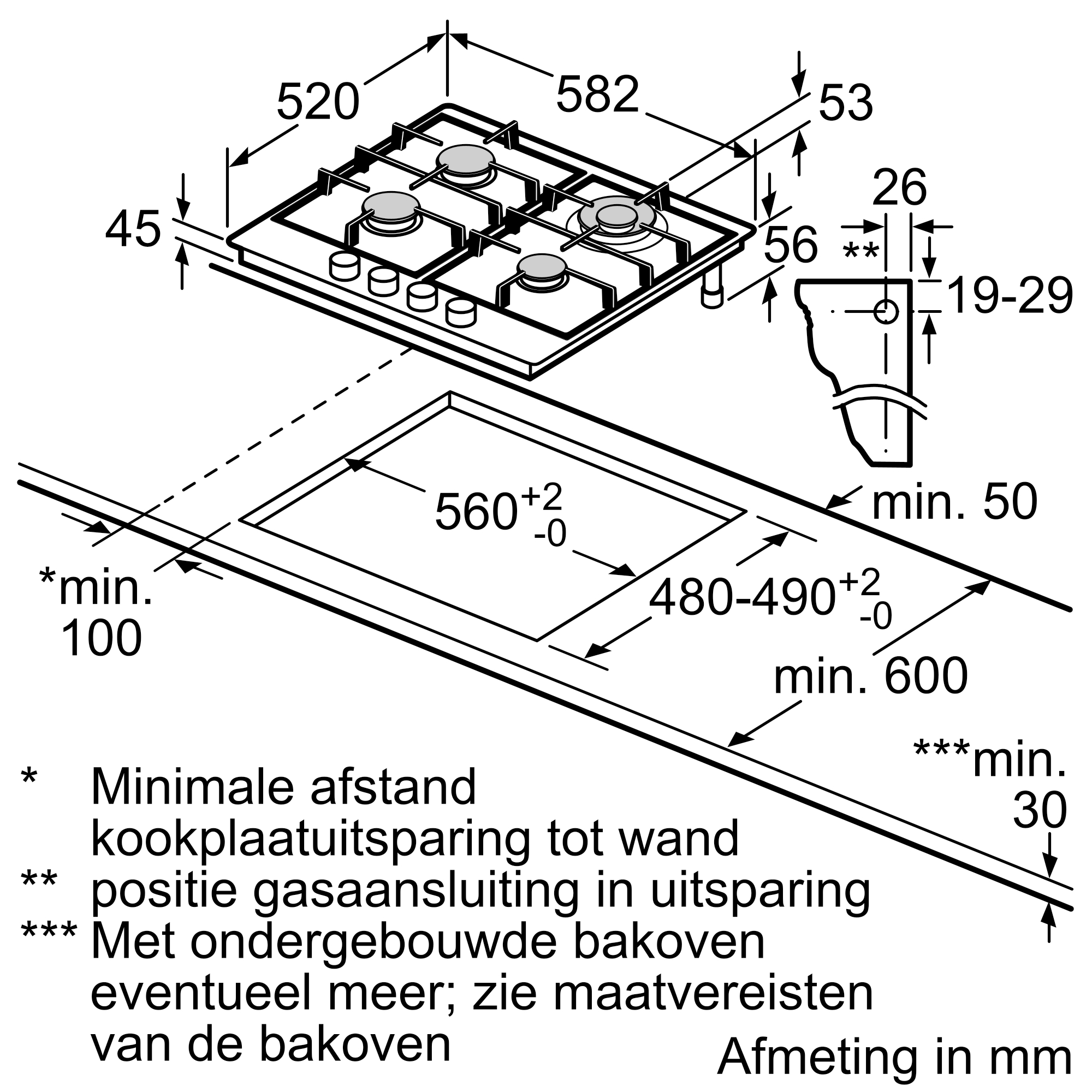 Diagram van een gaskookplaat met afmetingen in mm, inclusief uitsparingen en installatie details.