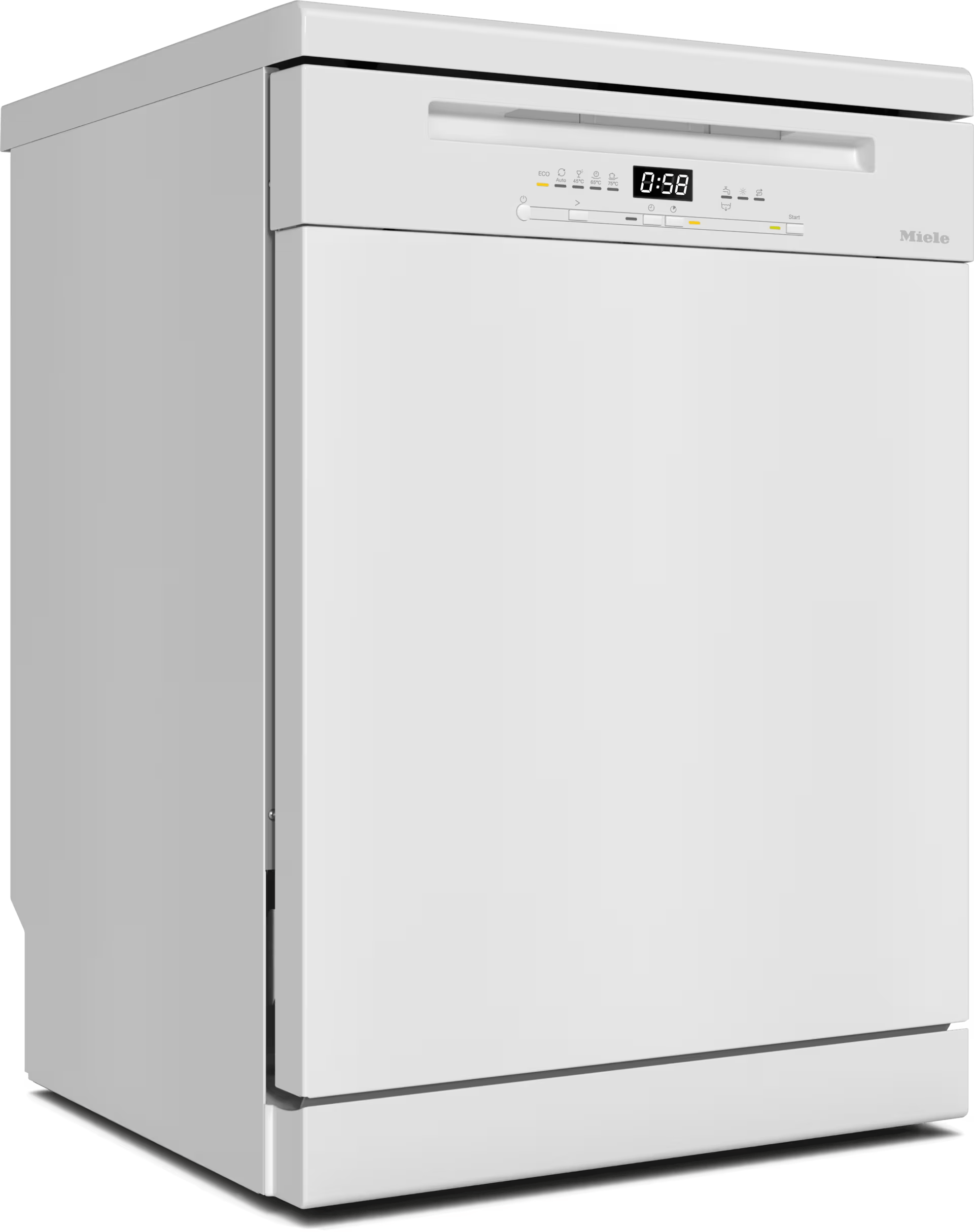 Lavavajillas Miele blanco con pantalla digital 0:58. Panel control con varias opciones de programa.