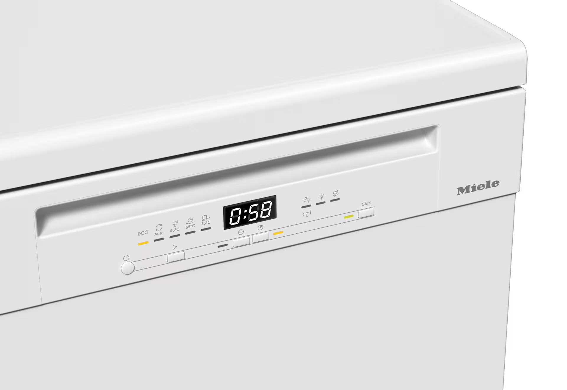 Panel de control blanco de lavavajillas Miele que muestra 0:58. Botones para ECO, Auto y ajustes de temperatura visibles.