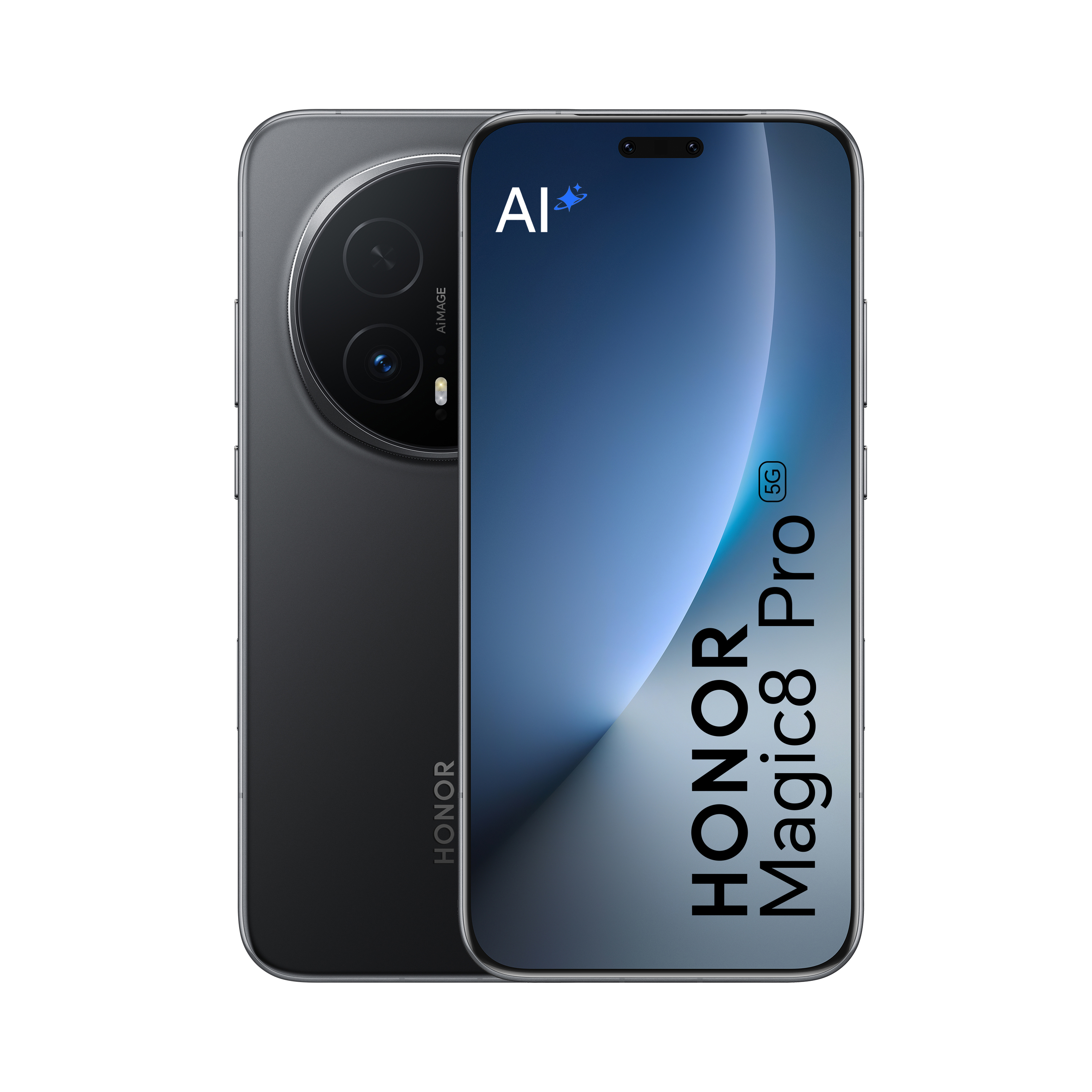 Ein dunkelgraues Honor Magic8 Pro-Smartphone mit großem Kameramodul wird gezeigt. Sein Bildschirm zeigt einen blauen Farbverlauf.