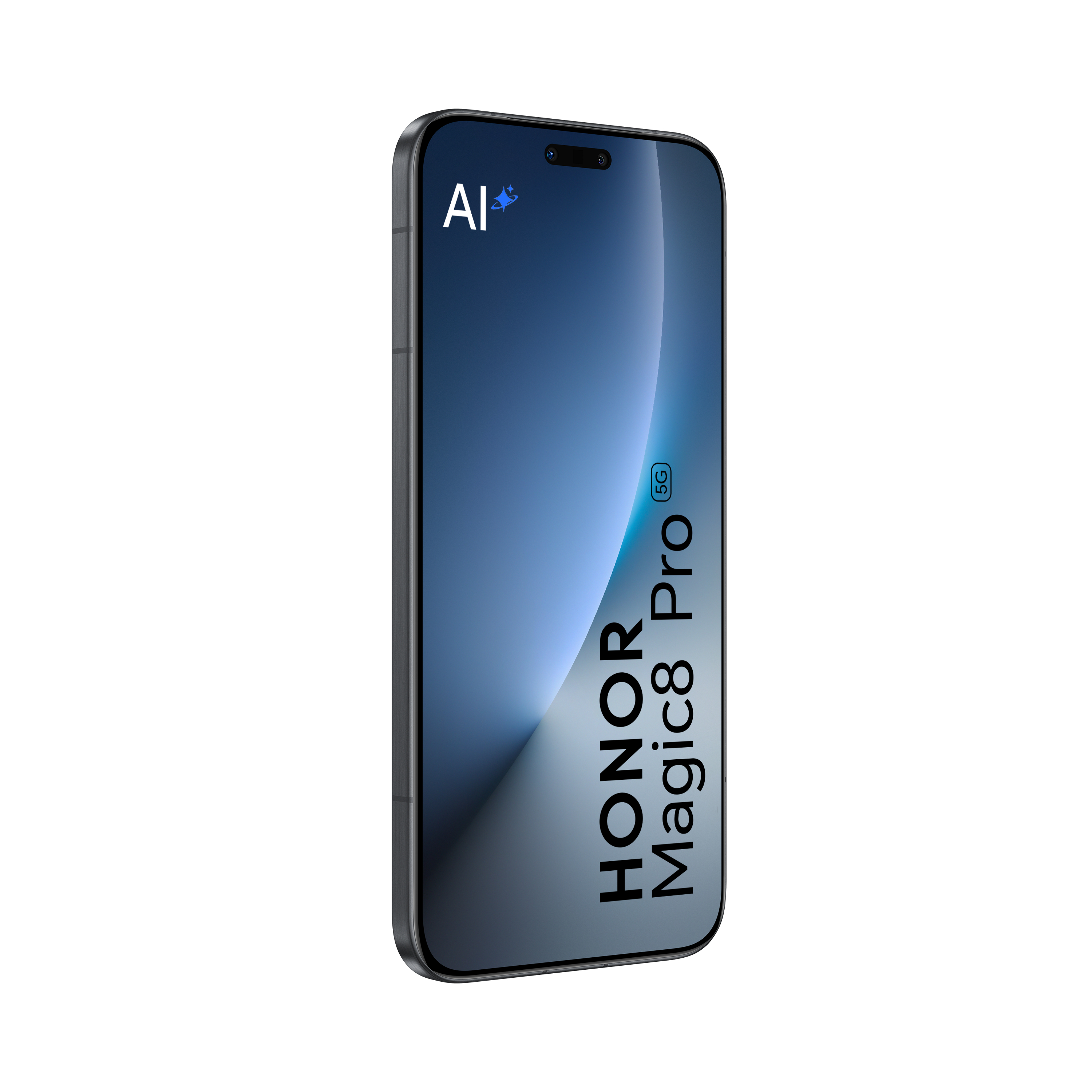 Ein Smartphone, Honor Magic8 Pro, wird angezeigt. Der Bildschirm zeigt einen blauen Farbverlauf. AI-Logo oben.