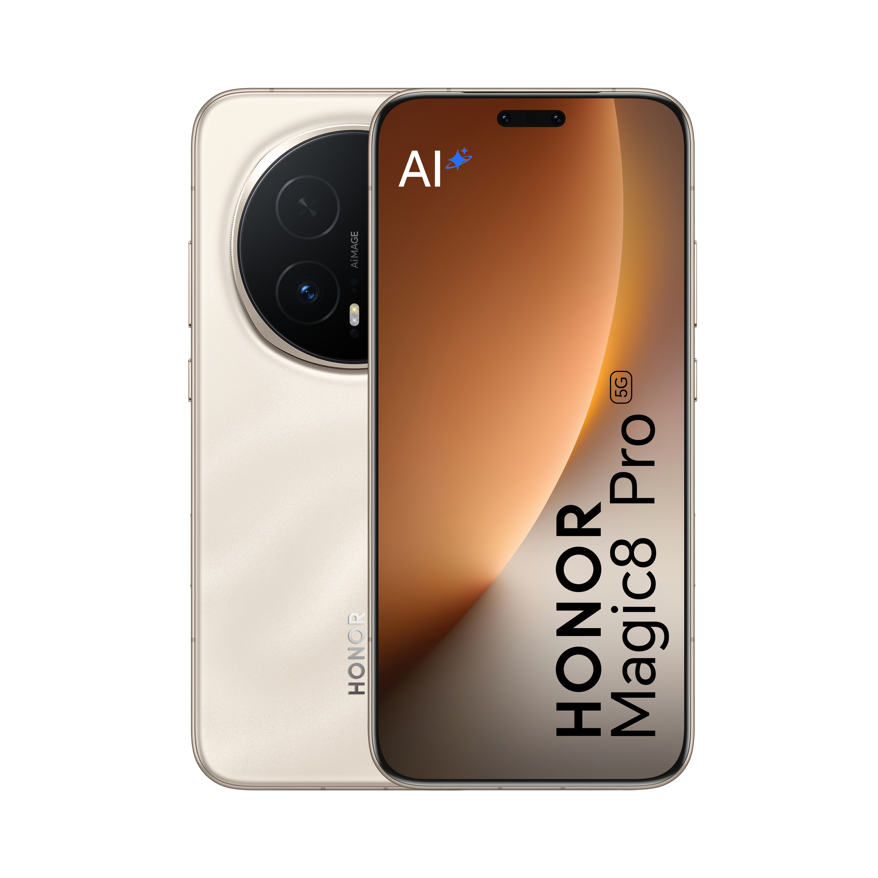 Goldenes Honor Magic8 Pro-Telefon. Merkmale: Kameras, Bildschirm und Markenname.