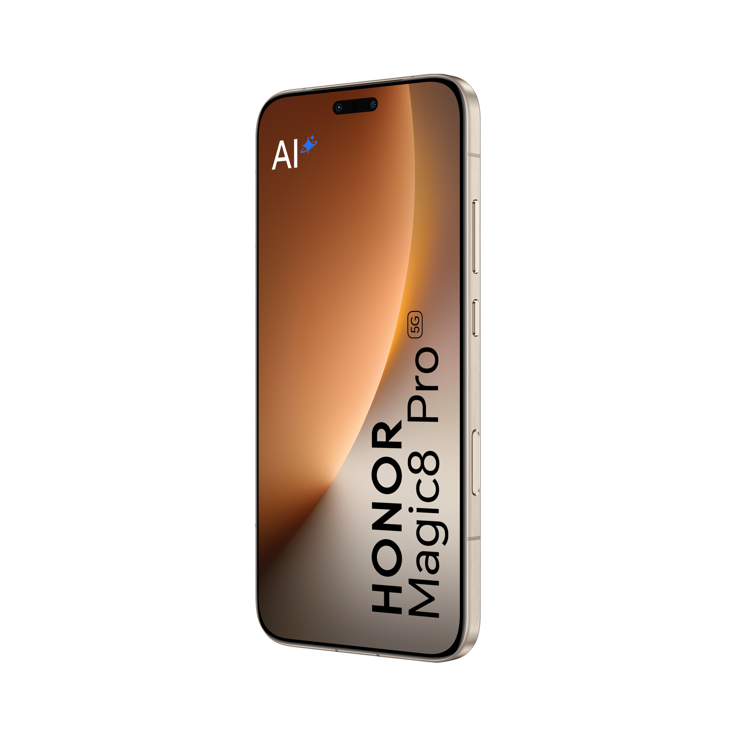 Goldenes HONOR Magic8 Pro Smartphone auf weißem Hintergrund. Das Telefon zeigt einen Farbverlauf und AI Logo.