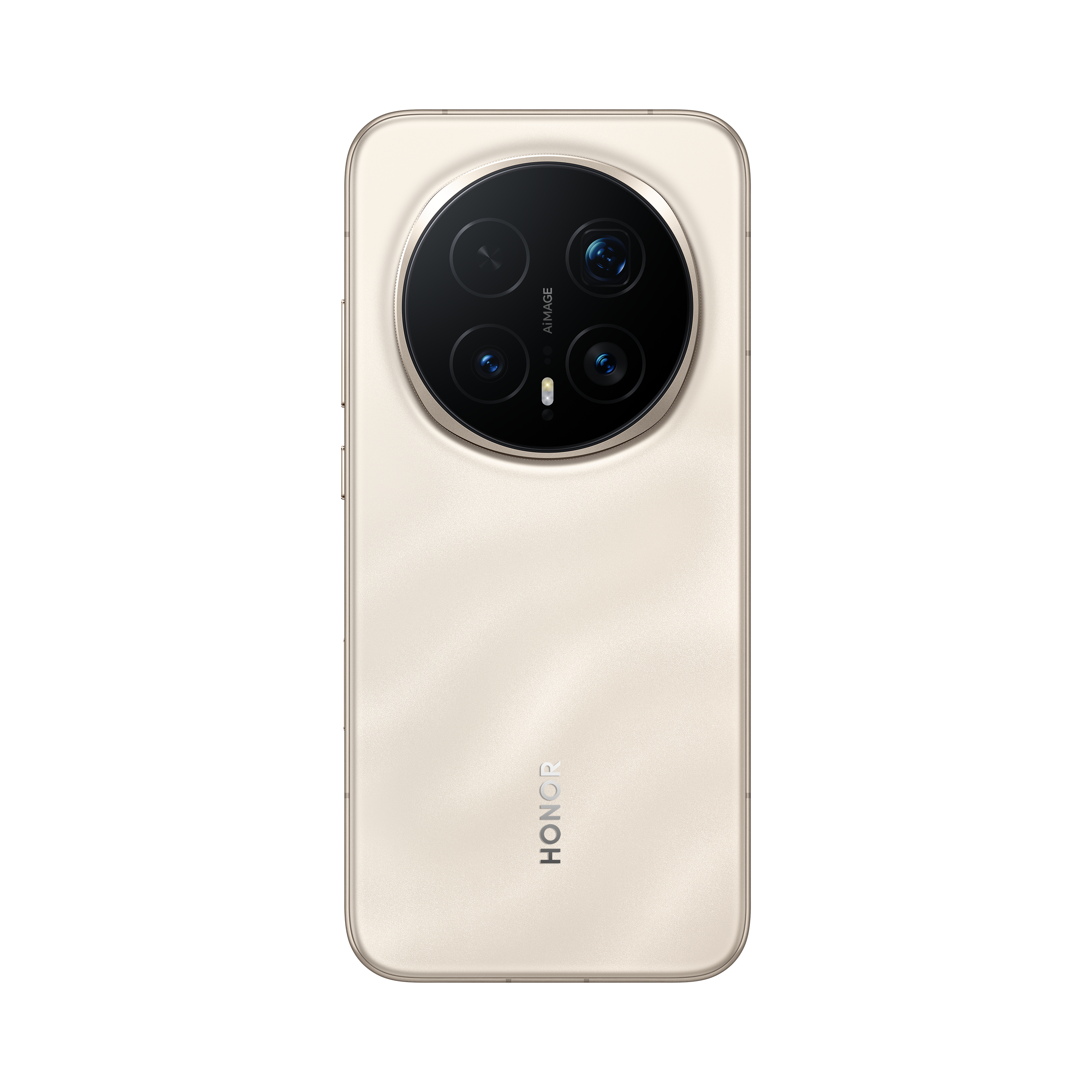 Goldene Smartphone-Rückseite mit großem Kameramodul. HONOR-Logo unten. Weißer Hintergrund.