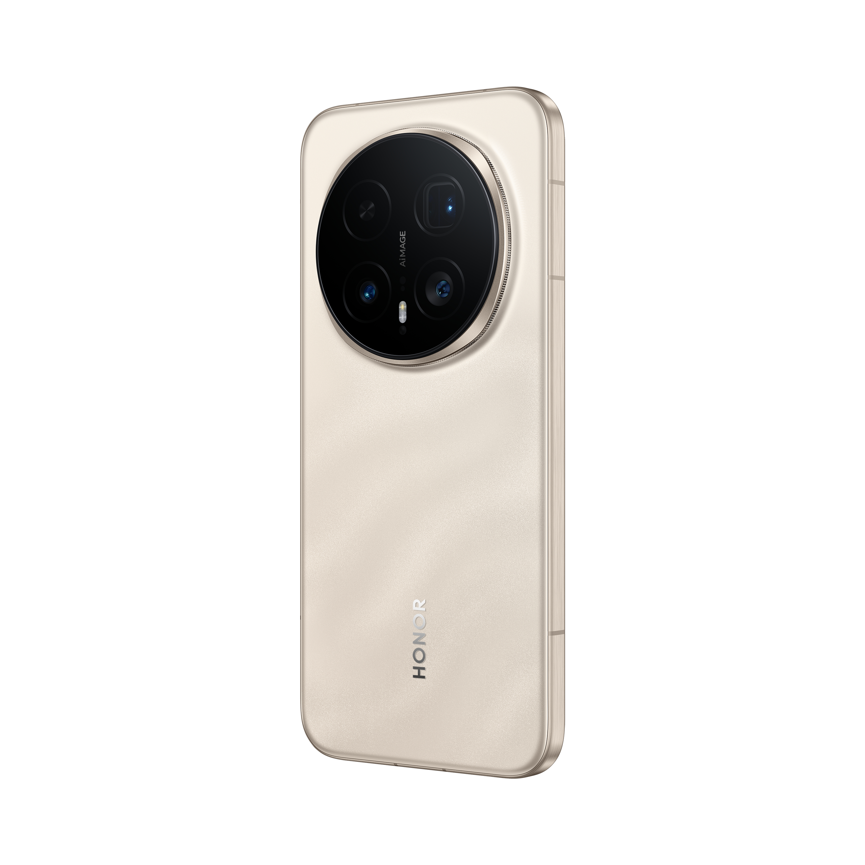 Ein goldenes Honor-Telefon wird gezeigt, das sein kreisförmiges Kameramodul auf weißem Hintergrund präsentiert.