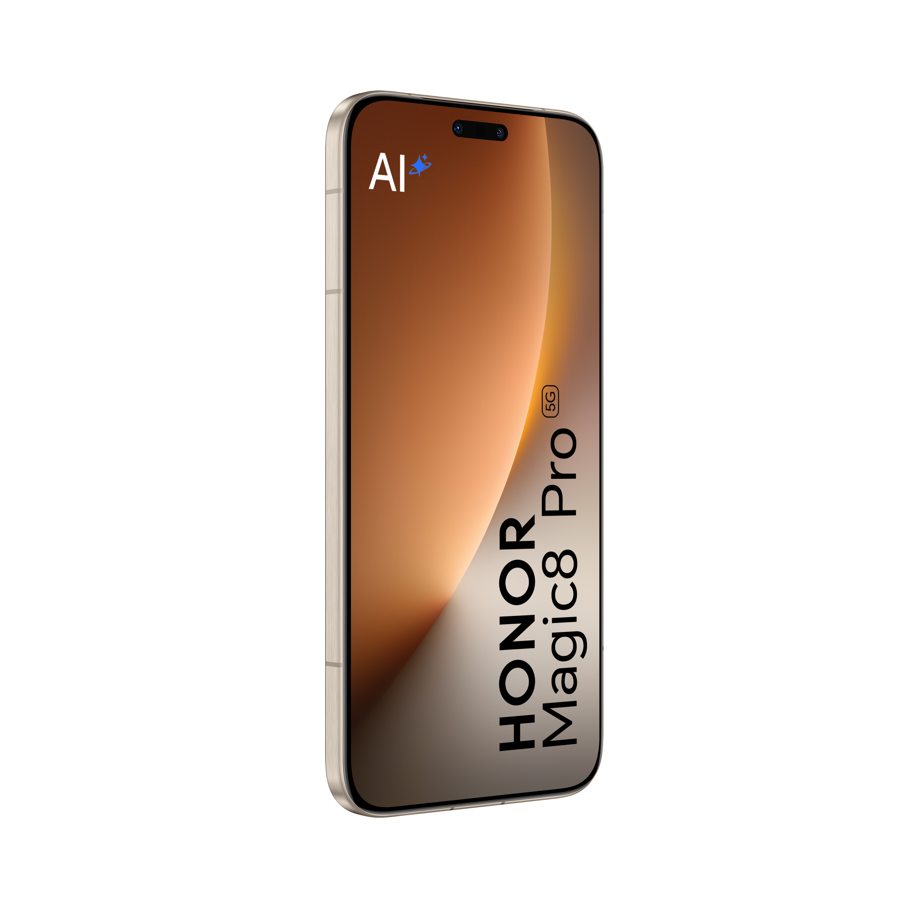 Goldenes Honor Magic8 Pro-Telefon auf Weiß. Merkmale: Display mit Farbverlauf, AI-Logo und 5G. Text: HONOR Magic8 Pro.