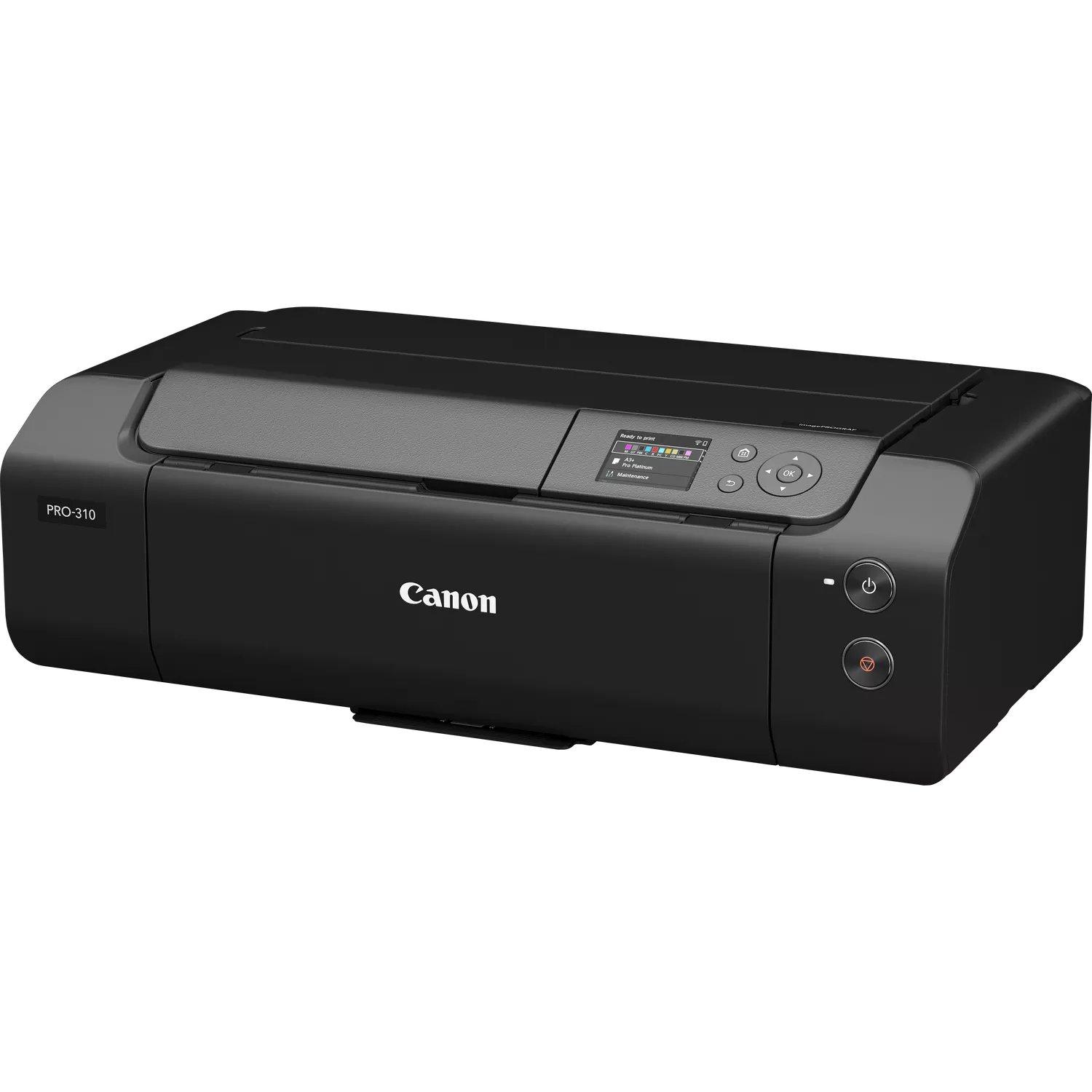 Una impresora Canon PRO-310 negra sobre un fondo negro. Tiene una pantalla, botones de control y el logotipo de Canon.