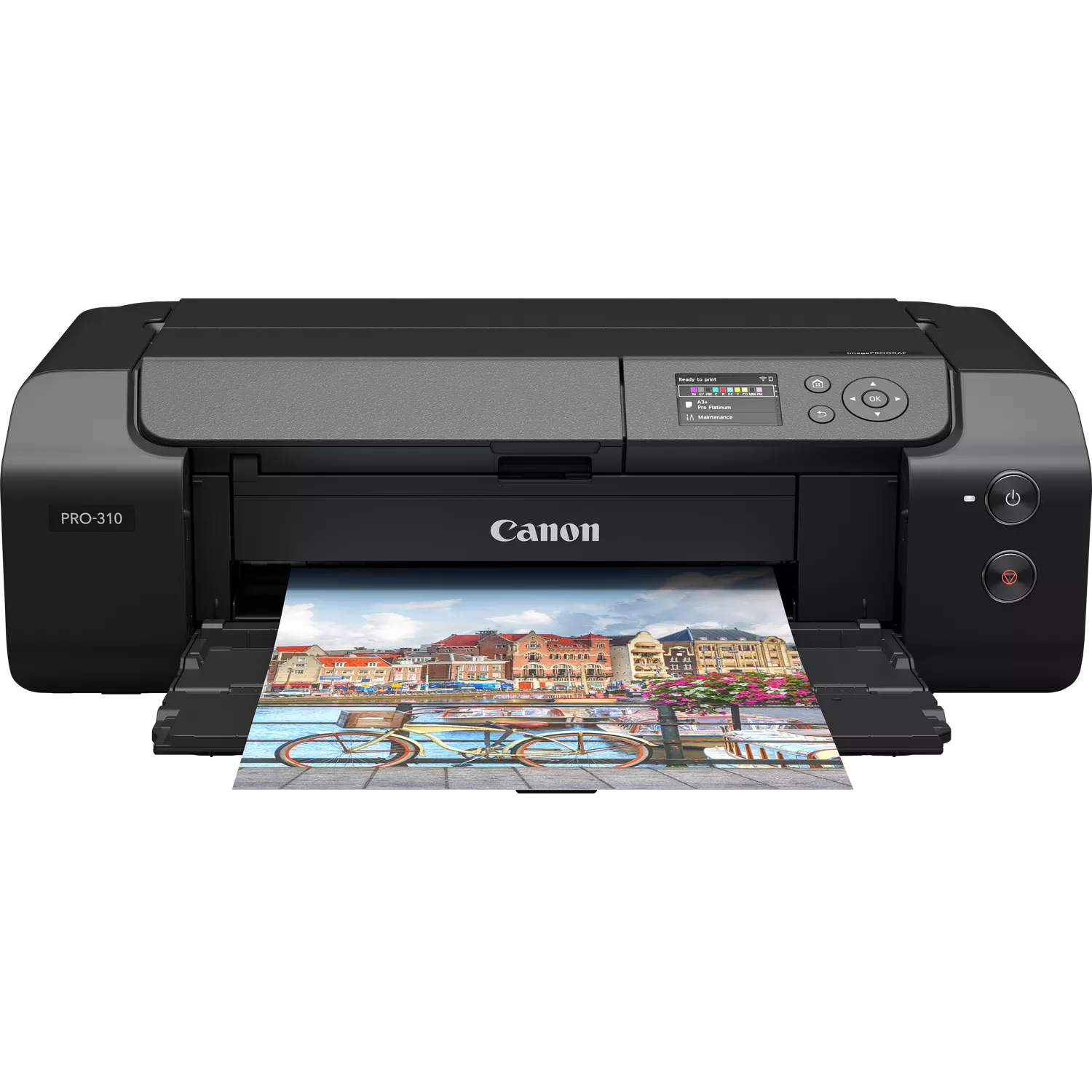 Una impresora Canon negra, la PRO-310, imprime una imagen colorida de edificios, agua y una bicicleta.