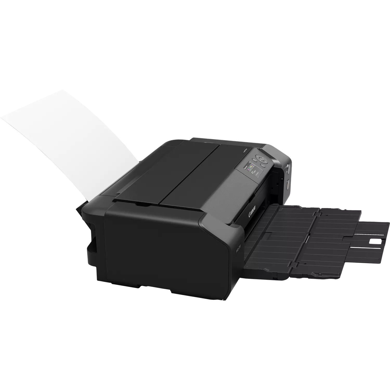 Una impresora Canon negra con papel blanco saliendo. La bandeja de papel está abierta, lista para recibir las páginas impresas.
