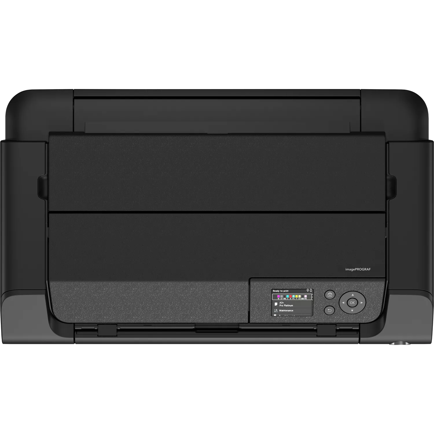 Una impresora Canon imagePROGRAF negra. Tiene un panel de control con una pantalla que muestra el estado y botones.