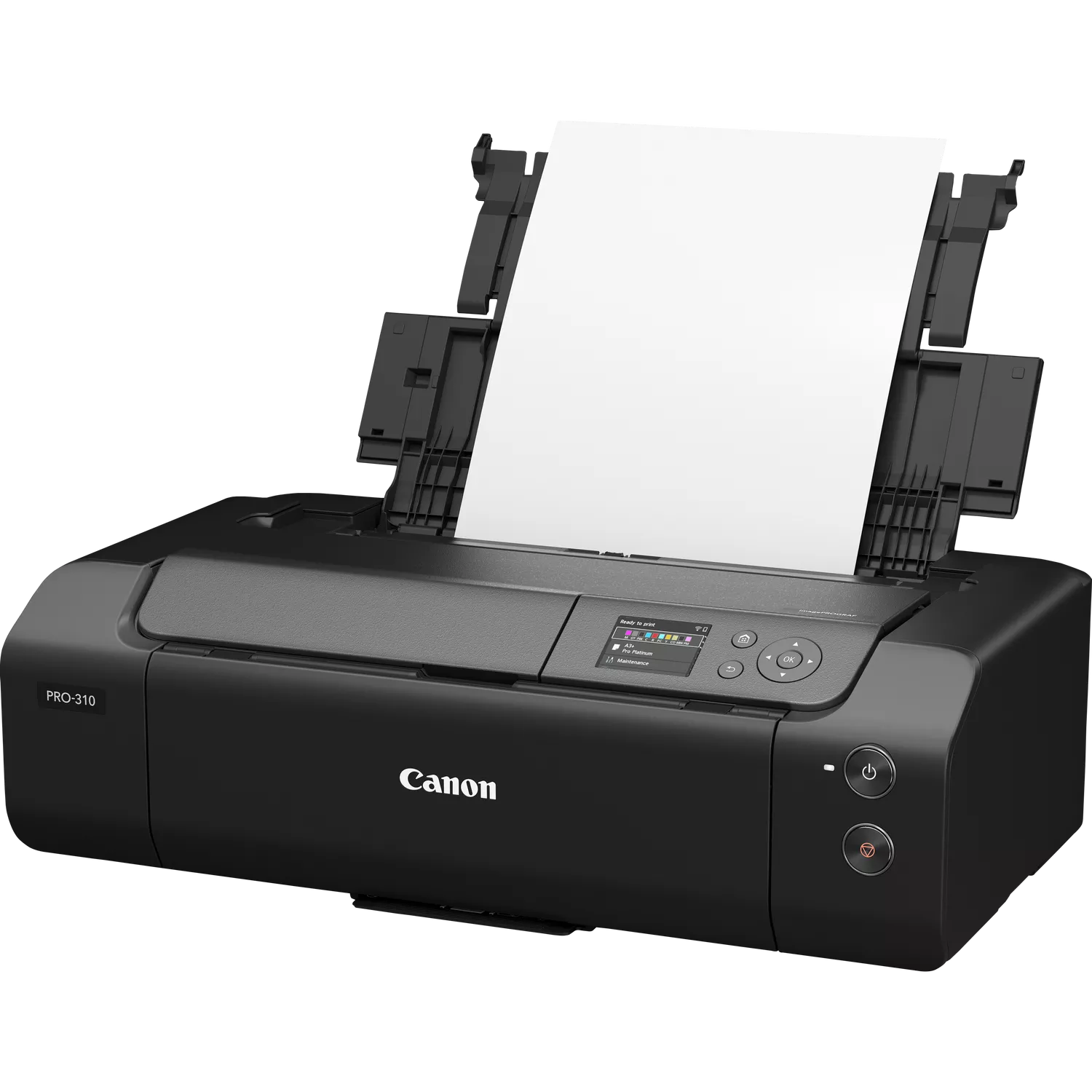 Una impresora Canon PRO-310 negra con una hoja de papel blanco en la bandeja. La impresora tiene una pantalla y varios botones.