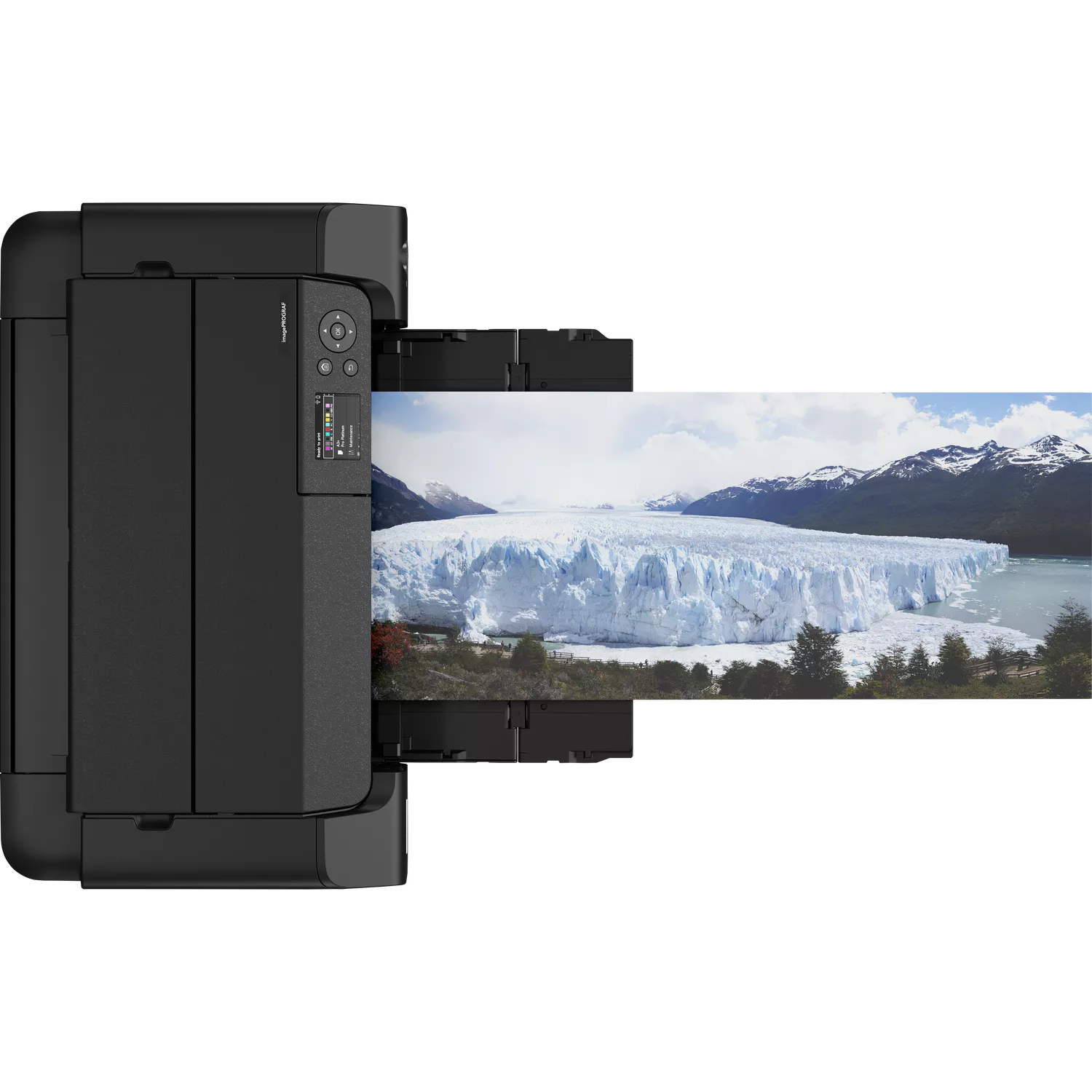 Una impresora negra muestra una imagen de glaciar. El glaciar es blanco y azul, las montañas están al fondo, el cielo está nublado.