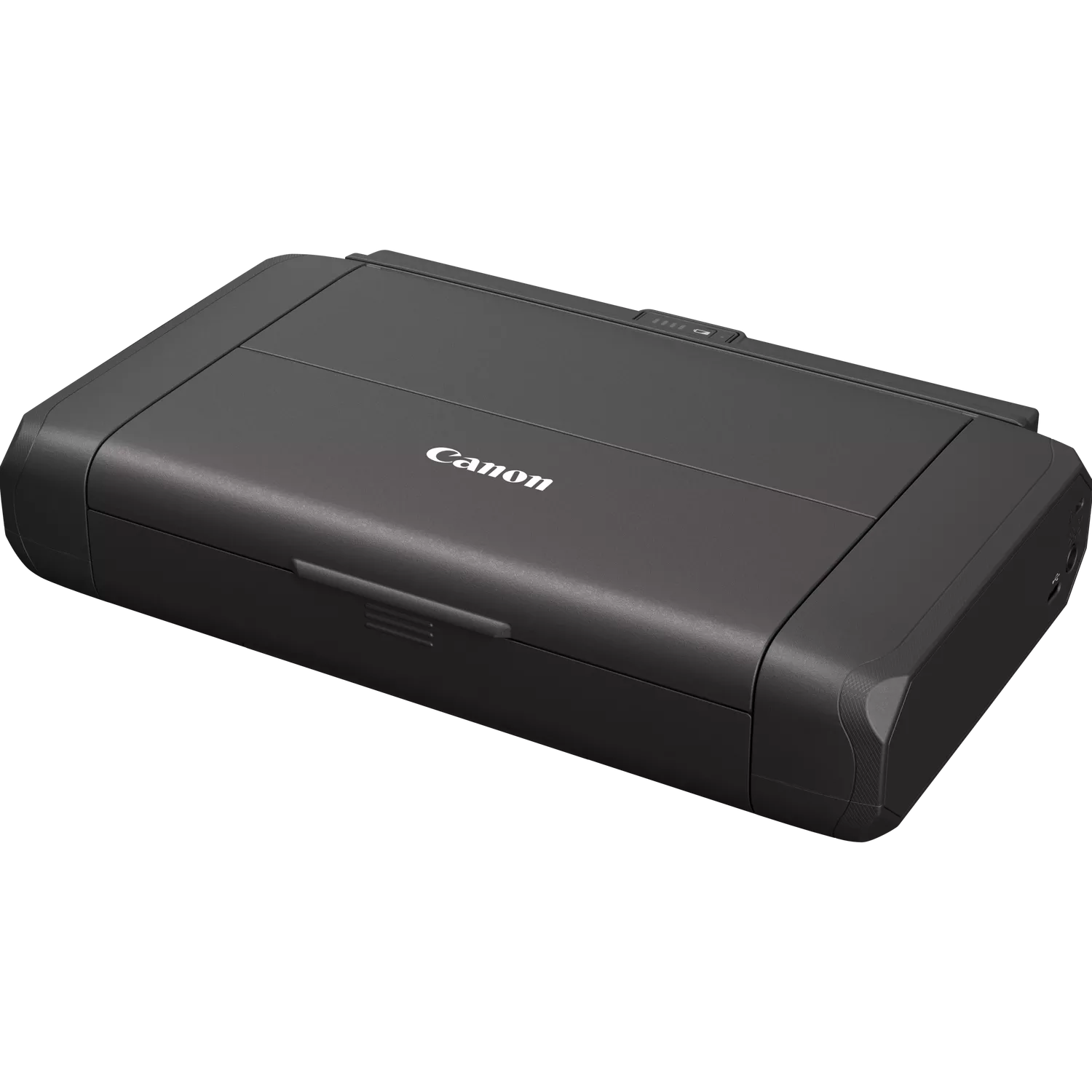 Una impresora Canon negra sobre fondo negro. La impresora es rectangular con el logo de Canon.