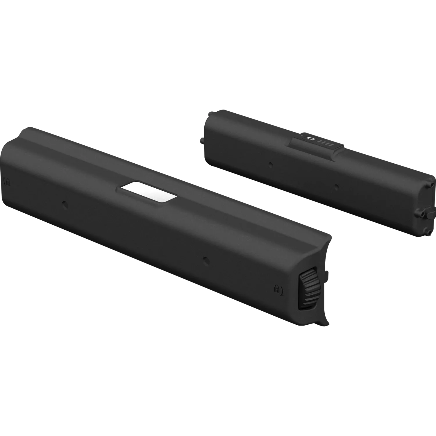 Dos objetos rectangulares negros sobre un fondo negro. Uno tiene un rectángulo blanco, el otro una serie de luces pequeñas.