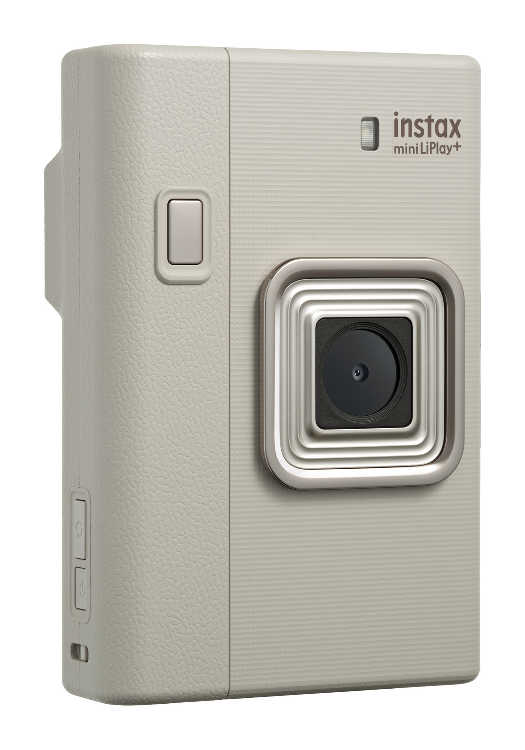 Una cámara Instax Mini LiPlay+ de color beige claro. Tiene una lente, un botón y el logotipo de Instax sobre un fondo blanco.