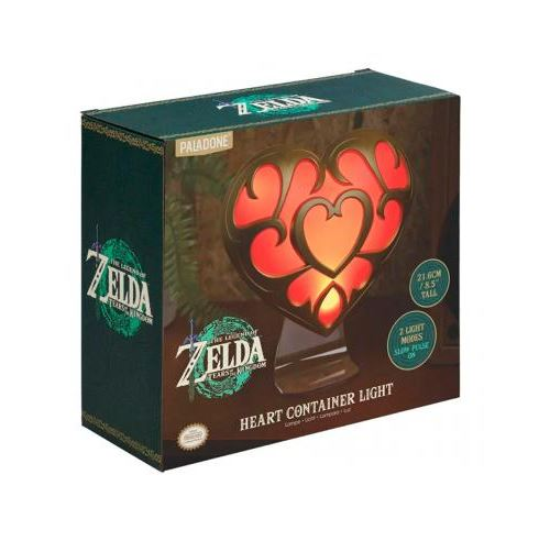 Una caja de luz de contenedor de corazón con el tema de Zelda. La caja es verde y marrón, con un corazón brillante. El texto incluye Zelda, modos de luz y tamaño.