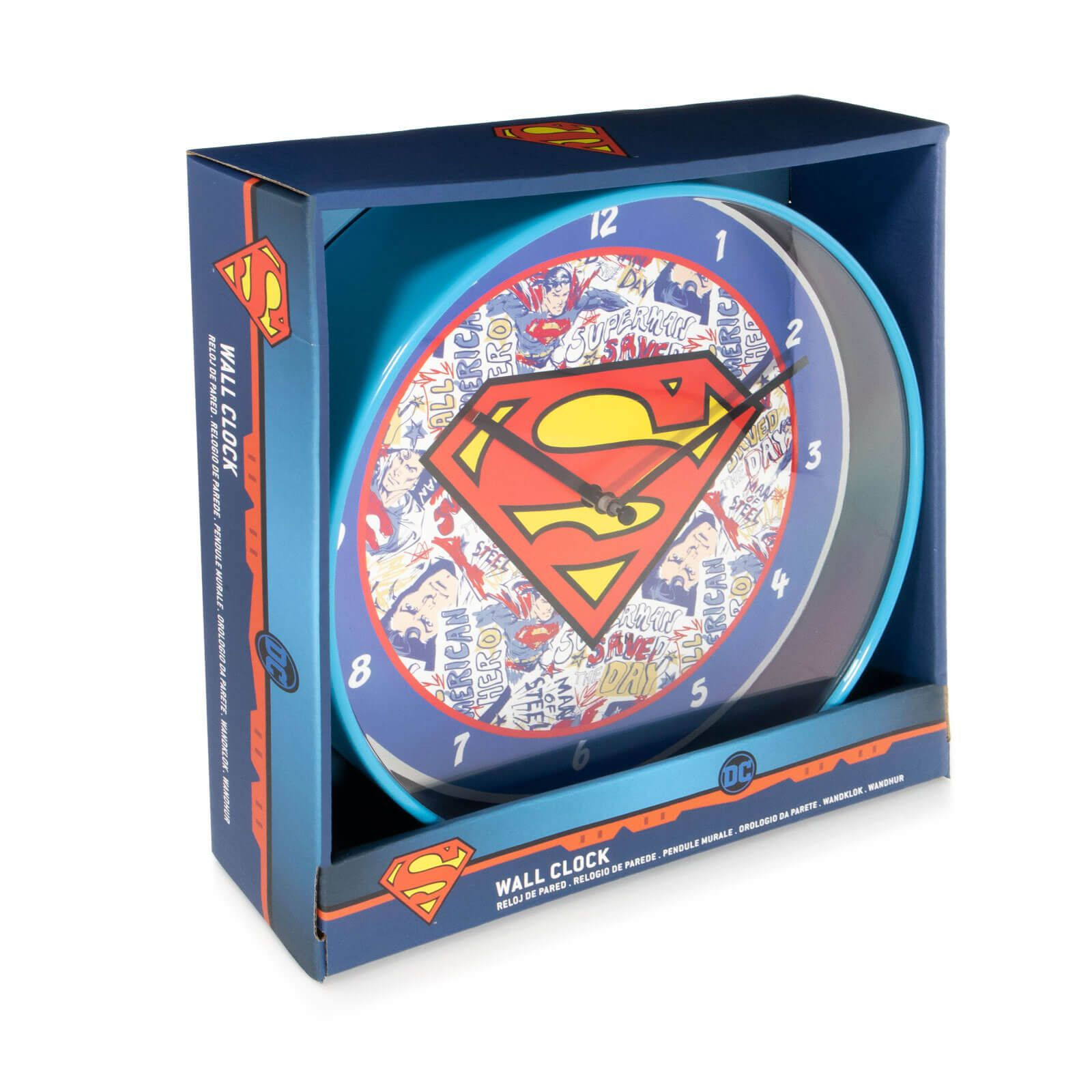 Reloj de pared de Superman en una caja azul. La esfera muestra el logotipo de Superman y gráficos de cómic.