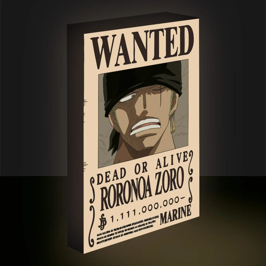 Un cartel de búsqueda de Roronoa Zoro. Muestra su rostro y el texto "WANTED DEAD OR ALIVE" con una recompensa de 1.111.000.000.