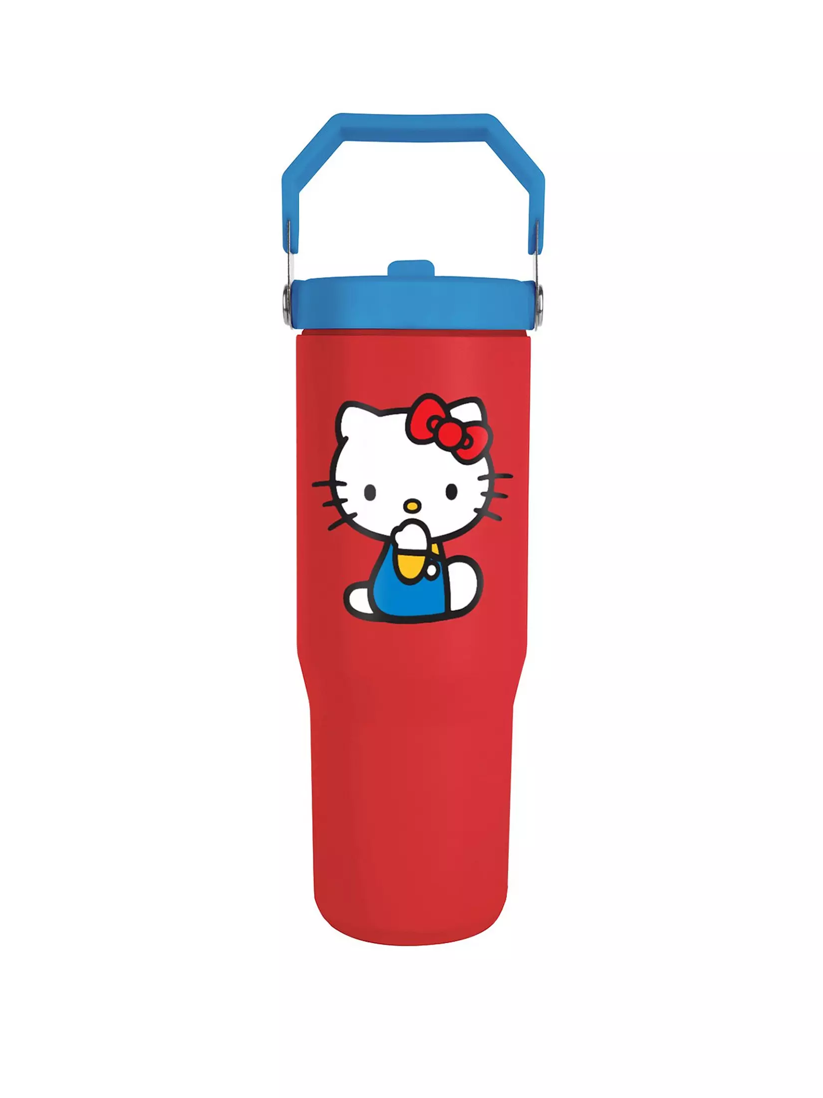 Vaso rojo de Hello Kitty con asa y tapa azules. Fondo blanco.