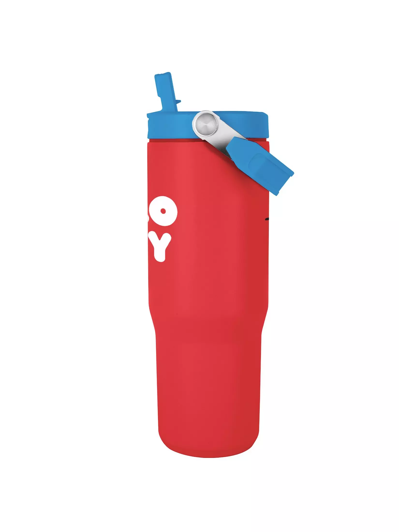 Botella de agua roja con tapa y asa azules. Logotipo blanco 'YO' en el lateral. Aislada sobre fondo blanco.