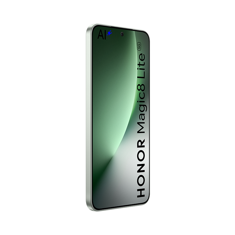 Ein Smartphone mit grünem Farbverlauf, silberner Rahmen. Auf dem Bildschirm steht HONOR Magic8 Lite. Oben befinden sich Kamera und 'AI'-Symbol.