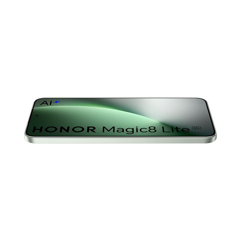 Ein Smartphone mit silbernem Rahmen. Der Bildschirm hat einen grünen Farbverlauf und zeigt HONOR Magic8 Lite. Der Hintergrund ist weiß.