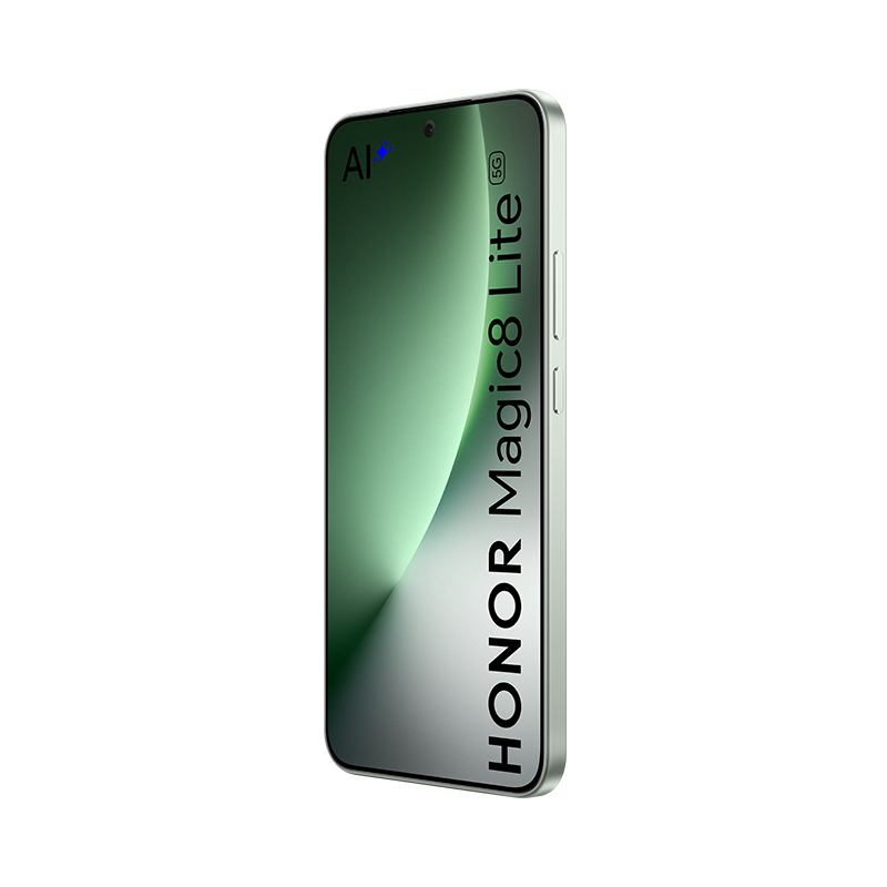 Ein Smartphone mit silbernem Rahmen. Der Bildschirm hat einen grünen Farbverlauf. Das Telefon trägt die Aufschrift HONOR Magic8 Lite.