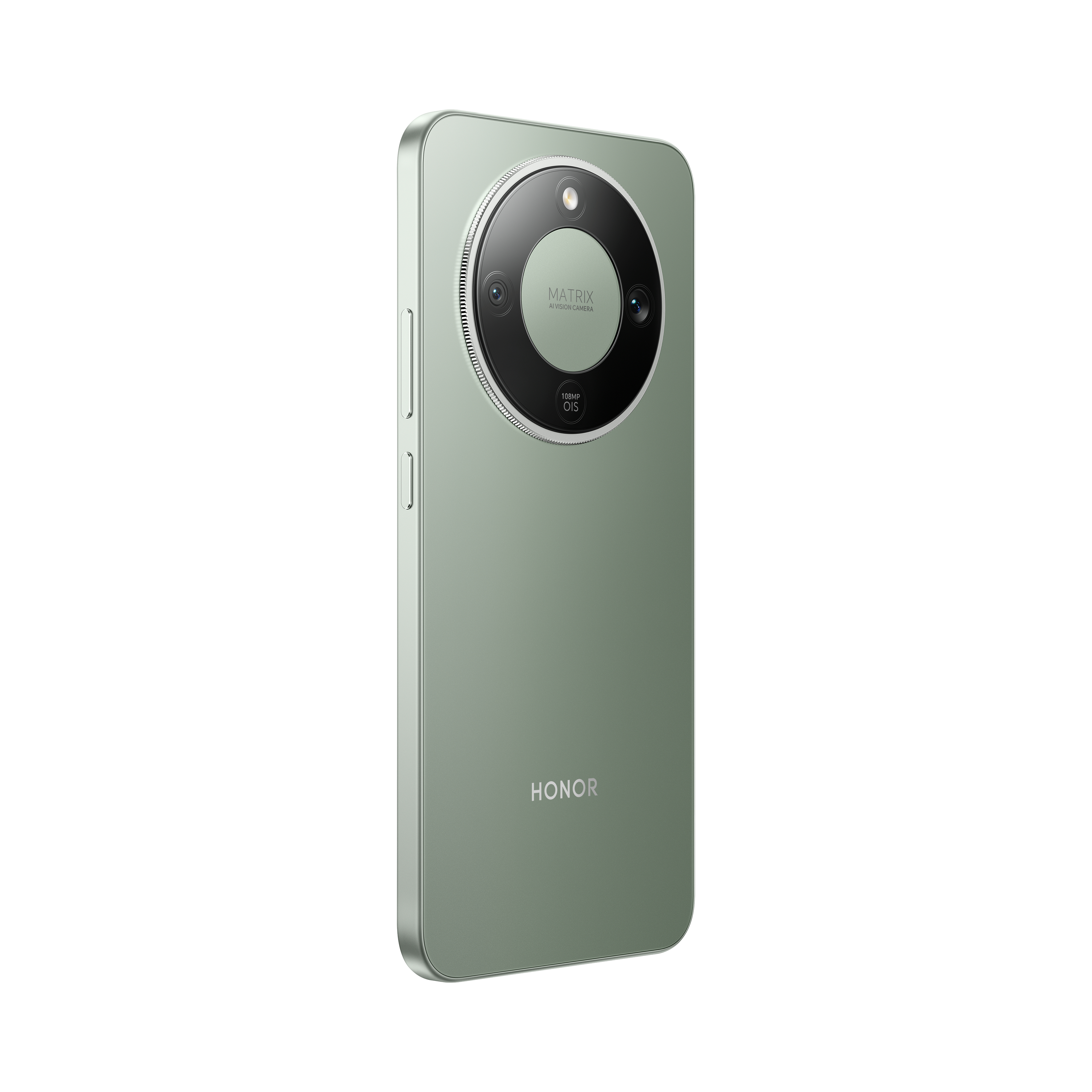 Ein mintgrünes Smartphone mit großem Kameramodul. Das Modul hat mehrere Objektive und das Wort MATRIX.