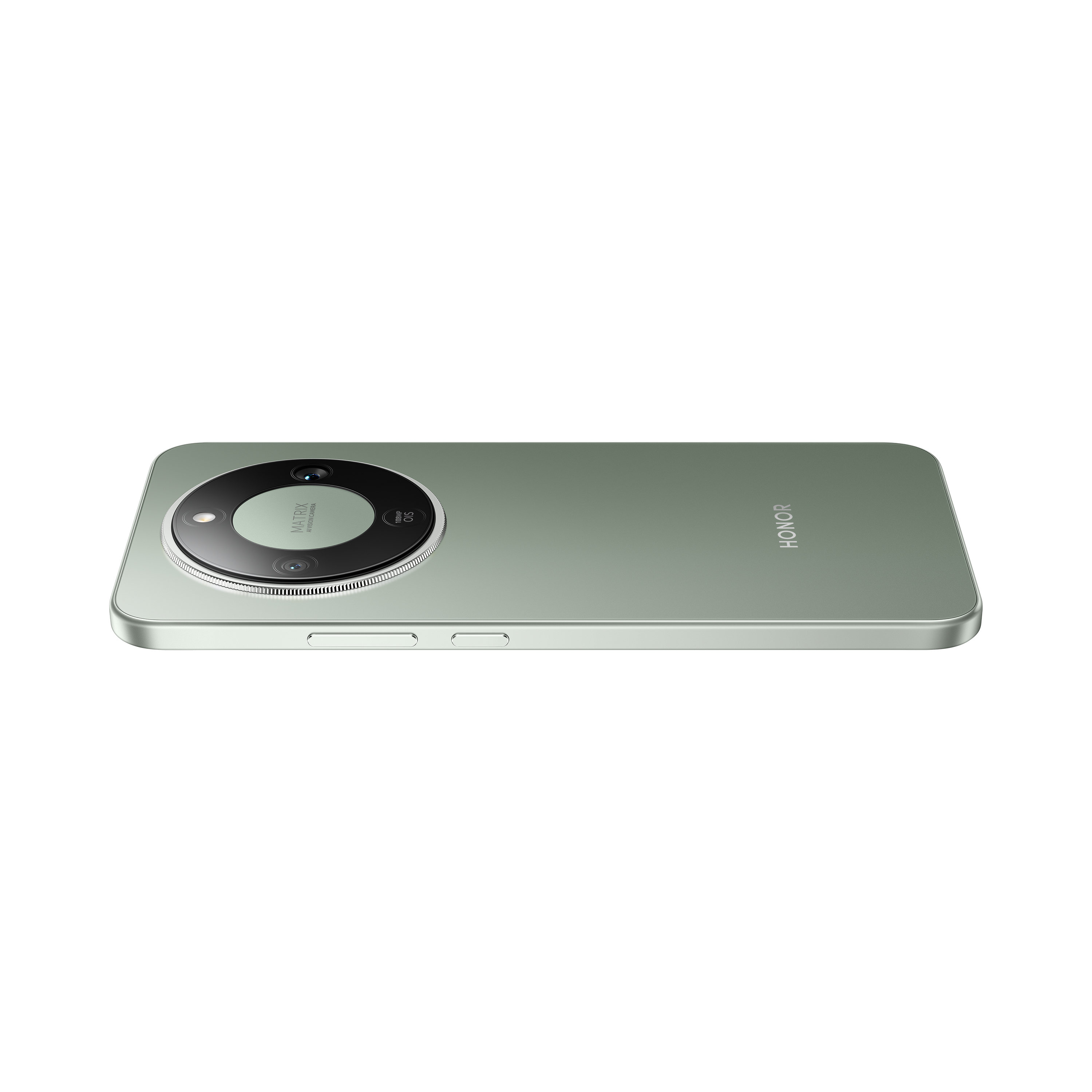 Ein grünes Smartphone liegt auf weißem Grund. Das Telefon hat ein rundes Kameramodul.