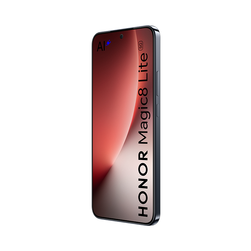 Ein Smartphone, HONOR Magic8 Lite 5G, wird vertikal gezeigt. Der Bildschirm zeigt einen Farbverlauf von Rot zu Weiß. Das Telefon hat einen dunklen Rahmen.