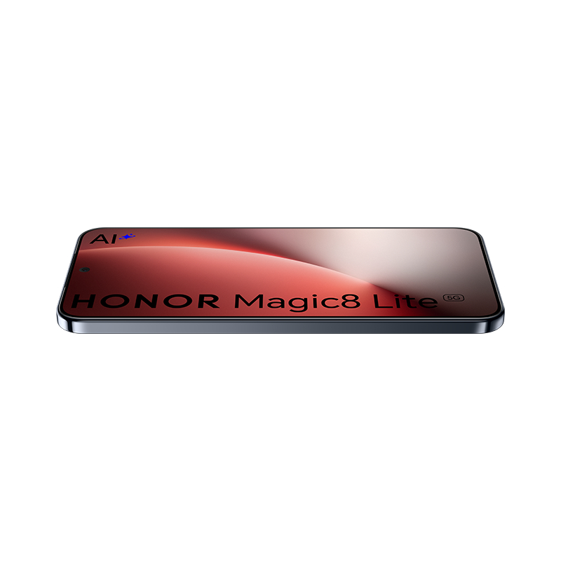 Ein Smartphone, HONOR Magic8 Lite, zeigt einen Farbverlauf auf dem Bildschirm. Das Telefon ist schwarz mit silbernem Rand, vor weißem Hintergrund.