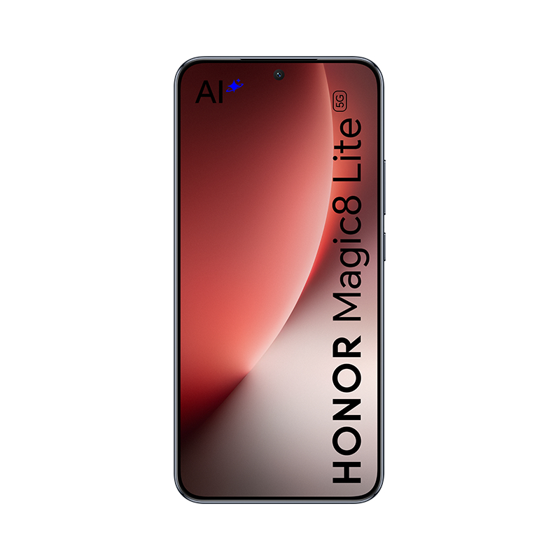 Ein Smartphone mit schwarzem Rand, HONOR Magic8 Lite ist vertikal geschrieben. AI- und 5G-Symbole sind sichtbar.