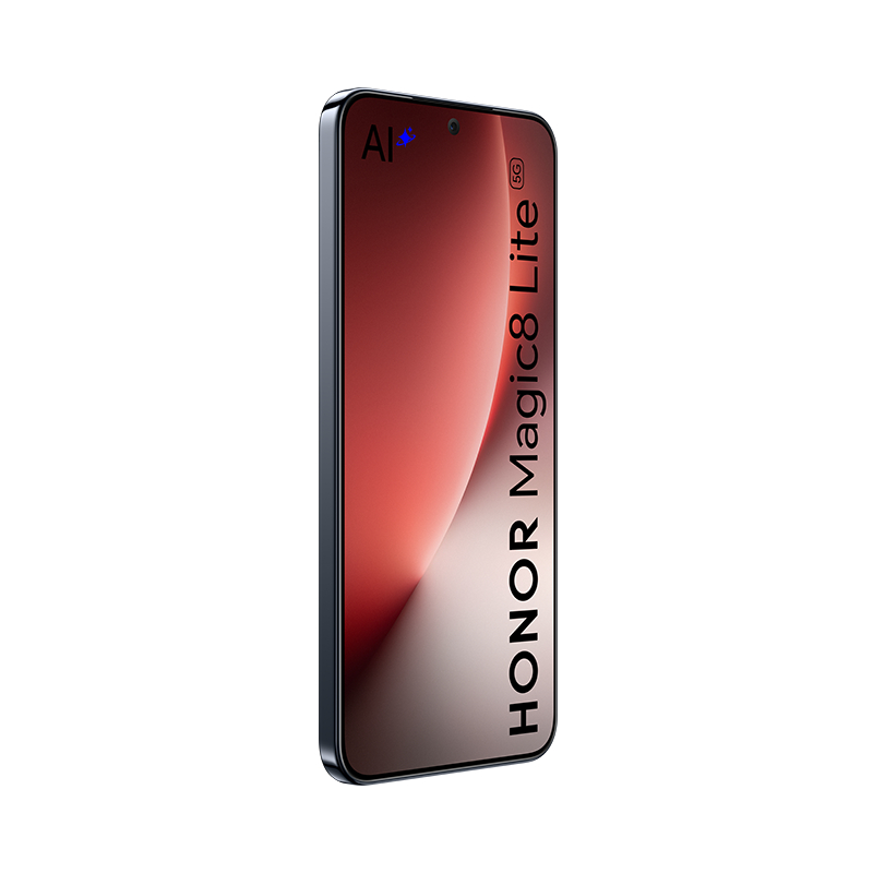 Ein Smartphone, HONOR Magic8 Lite 5G, mit rotem Farbverlauf, schwarzem Rahmen, weißem Hintergrund und AI-Schriftzug.