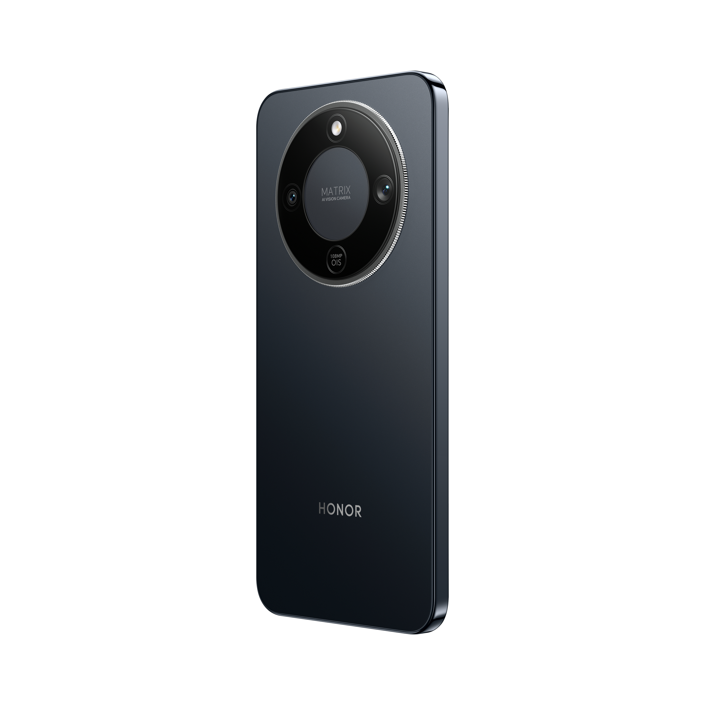 Ein schwarzes Smartphone mit rundem Kameramodul. Das Telefon hat das Honor-Logo.