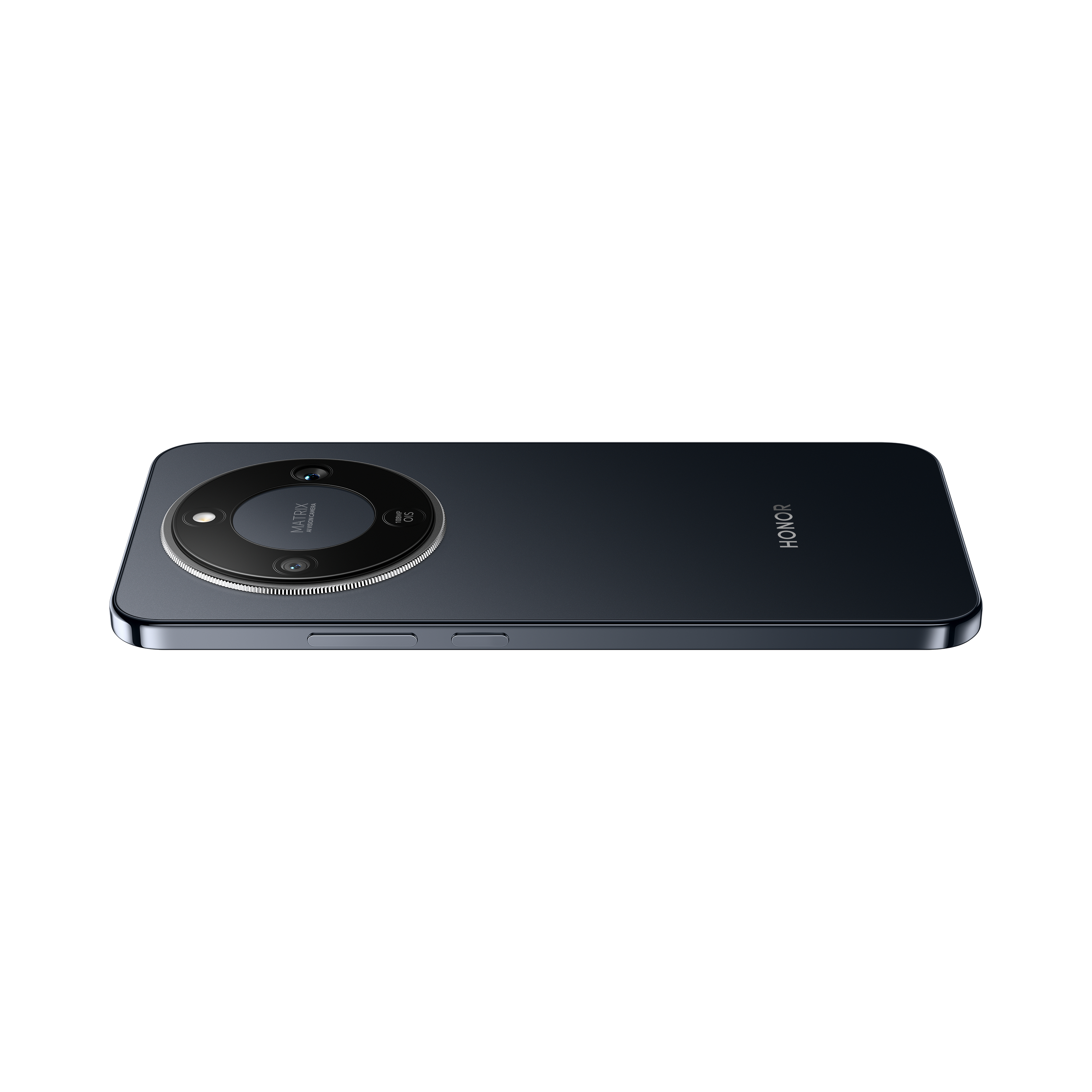 Ein schwarzes Smartphone mit großem Kameramodul, HONOR-Logo, liegt auf weißem Hintergrund. Tasten an der Seite.