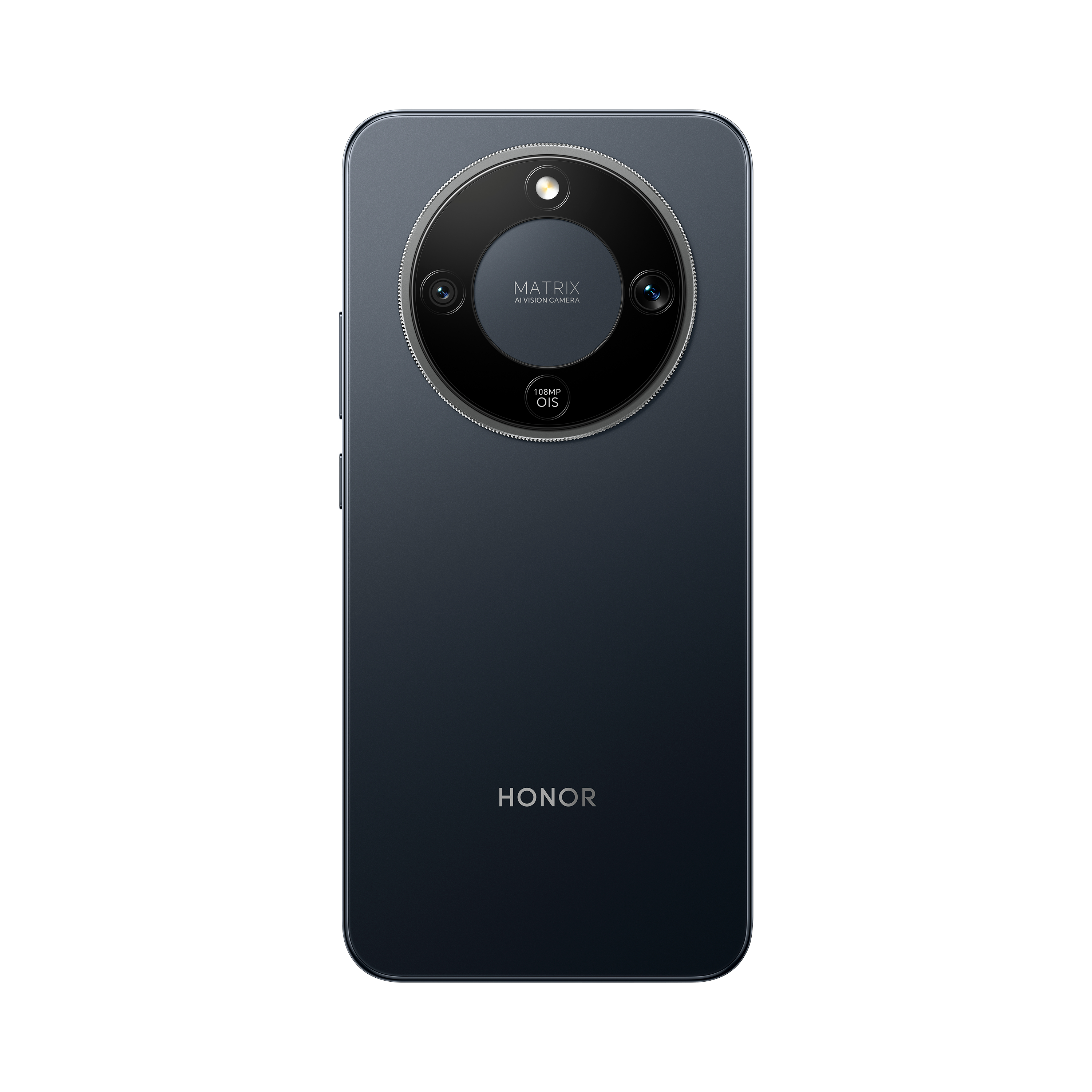Rückseite eines dunkelblauen Smartphones. Es hat ein kreisförmiges Kameramodul und das Wort HONOR.