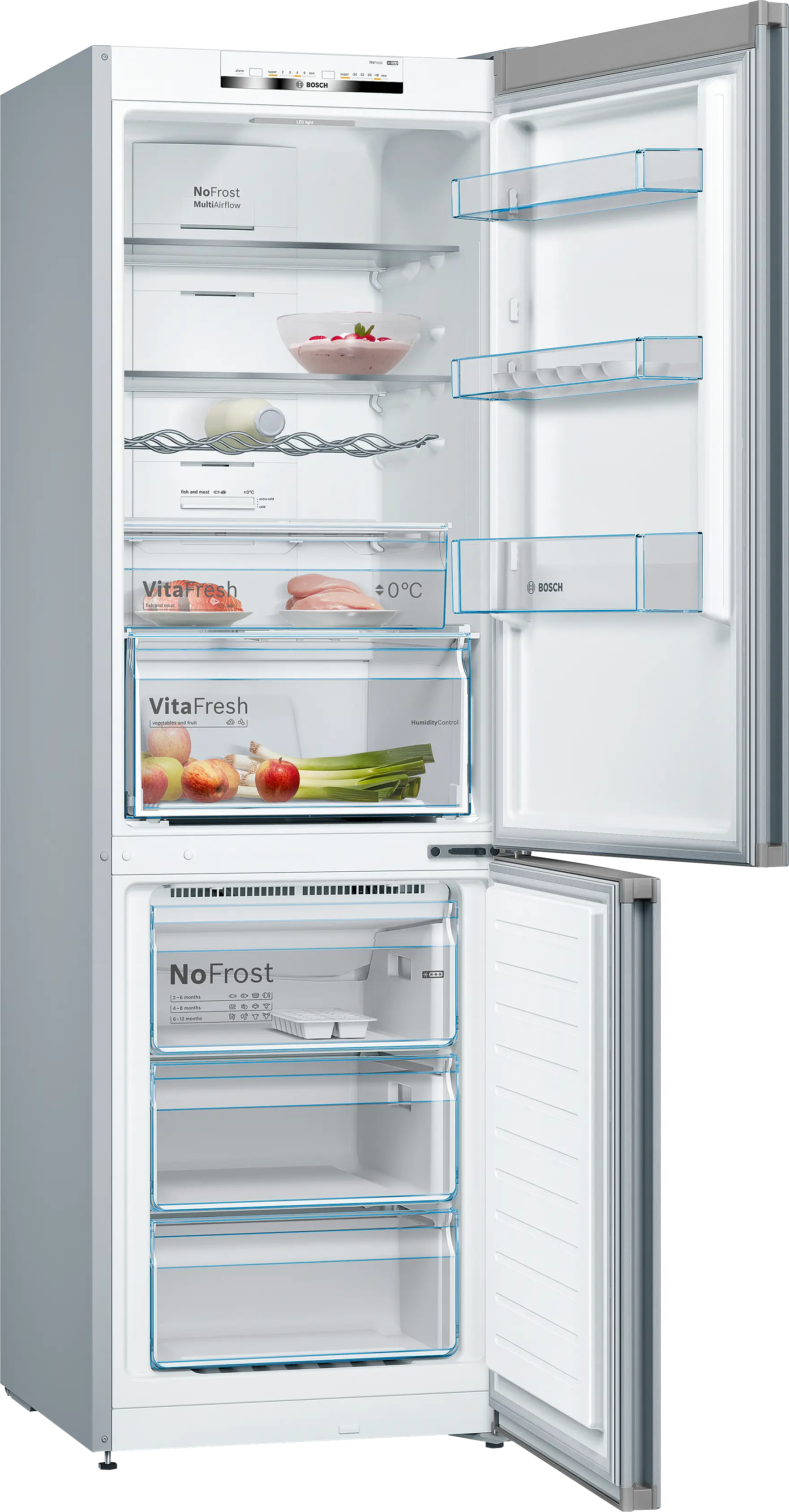 Refrigerador abierto mostrando el interior. Contiene estantes, cajones y alimentos como frutas, verduras y carne, con la marca Bosch.
