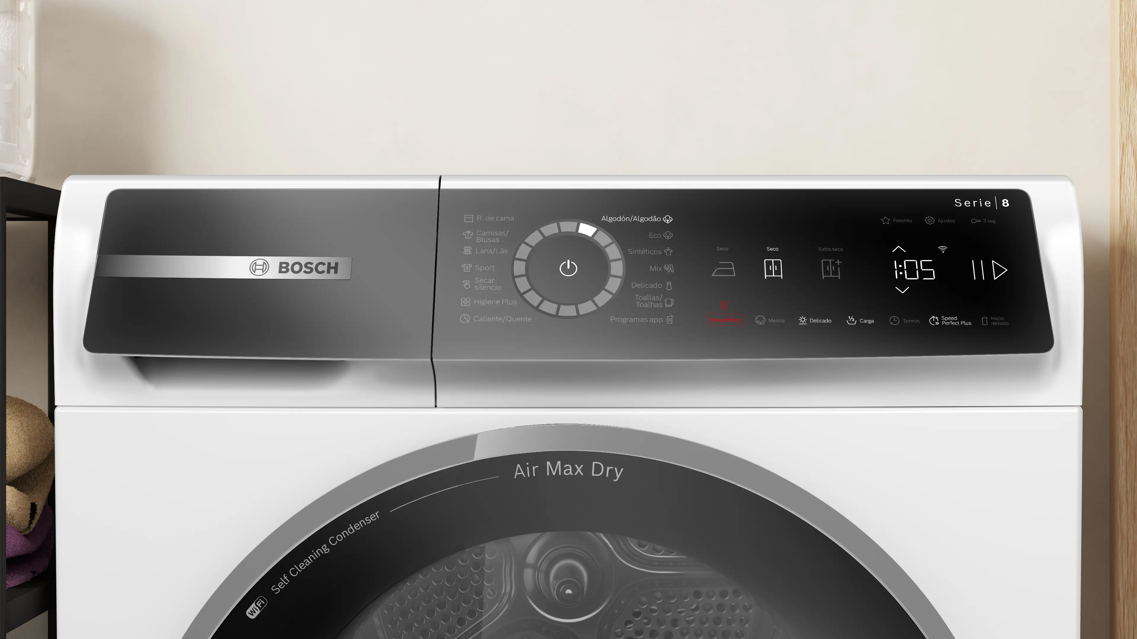 Una secadora Bosch blanca con pantalla digital. Tiene varias configuraciones y la función 'Air Max Dry'.