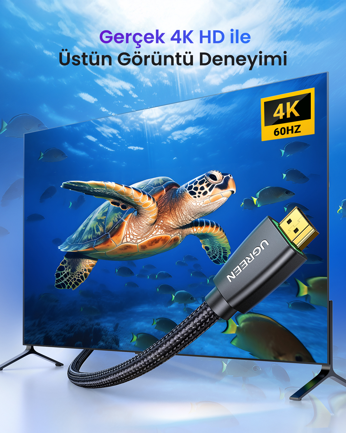 Kaplumbağa, UGREEN HDMI kablosuyla bağlı bir TV ekranında balıklar arasında yüzer. Ekran sualtı sahnesini gösteriyor.