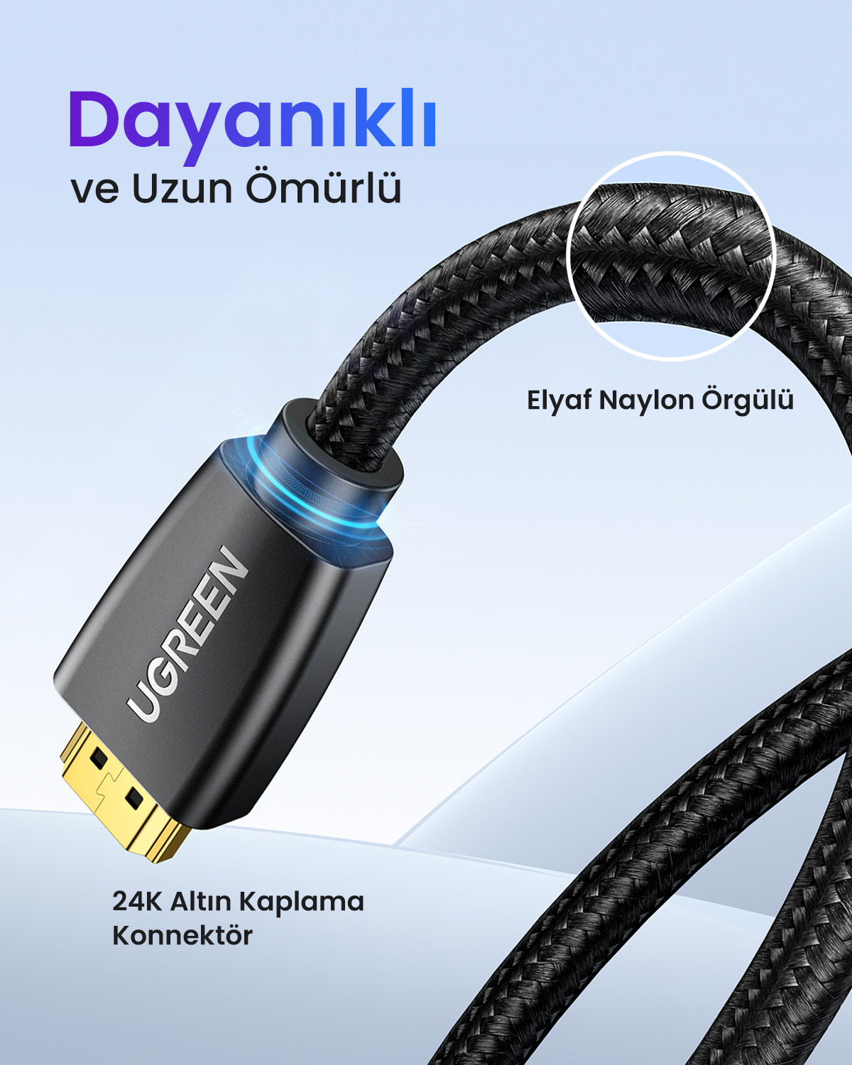 Altın kaplama konektörlere sahip siyah bir UGREEN HDMI kablosu. Naylon örgülü bir tasarıma sahiptir ve 'Dayanıklı ve Uzun Ömürlü' olarak etiketlenmiştir.