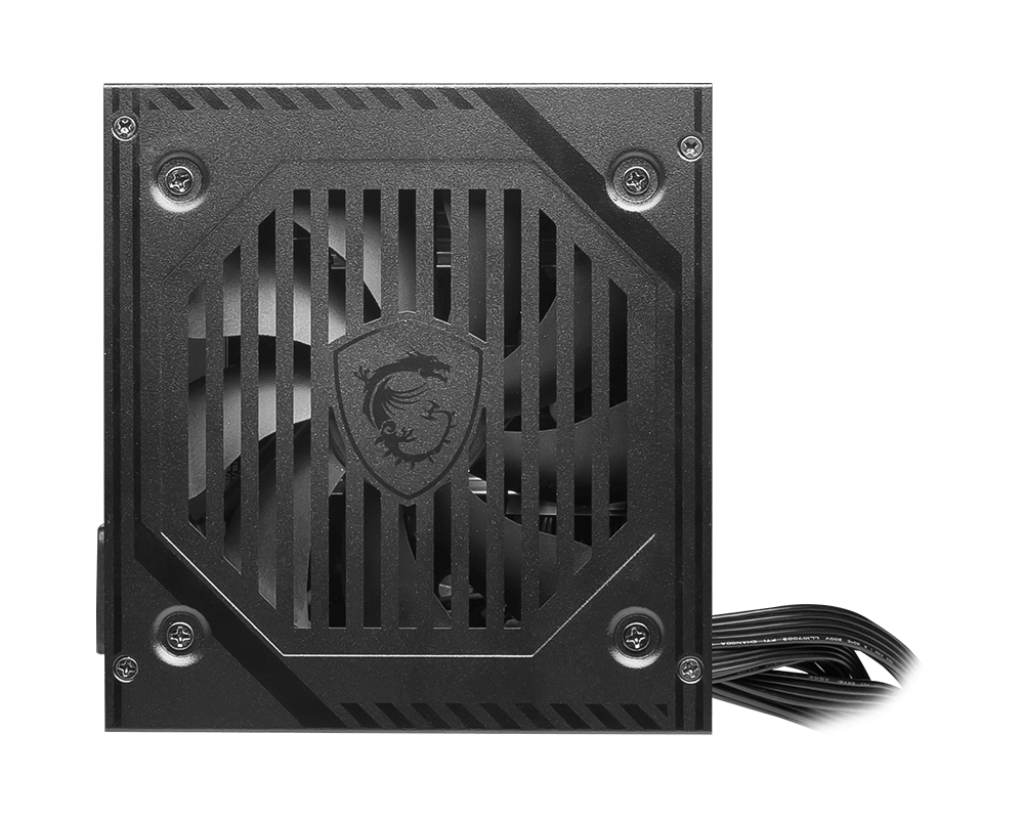 Siyah bir bilgisayar güç kaynağı. MSI logosu, vidalar ve bir kablo ile ızgaranın arkasında bir fanı var.