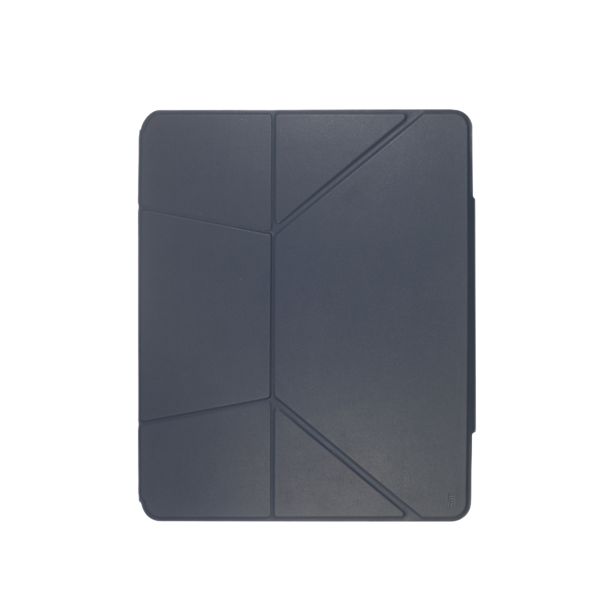 Geometrik katlamalı koyu mavi bir tablet kılıfı siyah bir arka plan üzerinde ortalanmıştır. Beyaz kenarlar kılıfın şeklini gösterir.