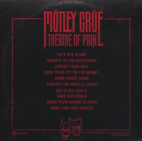 Albumcover für Mötley Crües Theatre of Pain. Roter Text auf schwarzem Hintergrund. Enthält Songtitel und zwei Maskenbilder.