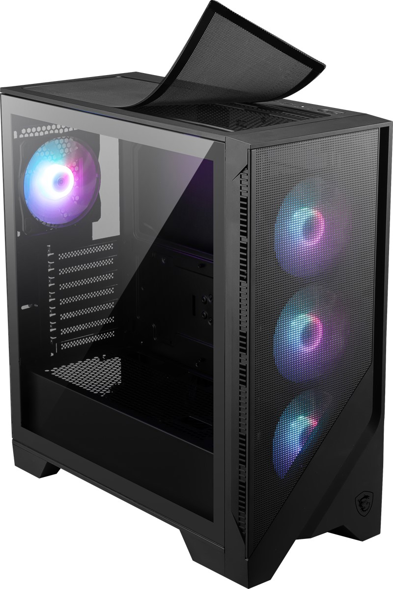 Siyah bilgisayar kasası, cam yan panel, file ön ve RGB fanlar. Üst file kapak kısmen kaldırılmış.