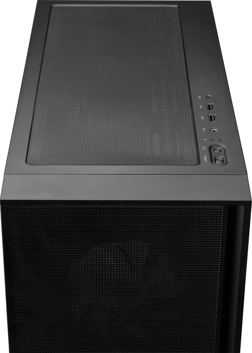 Siyah bir bilgisayar kasası. Üst kısımda bir örgü panel ve bağlantı noktaları bulunur. Ön kısımda bir örgü panel bulunur. Güç ve sıfırlama düğmeleri görünür.