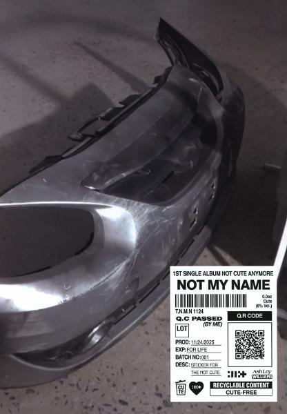 Beschädigte Stoßstange mit Aufkleber. Aufkleber: "NOT MY NAME". Weitere Details sind lesbar.