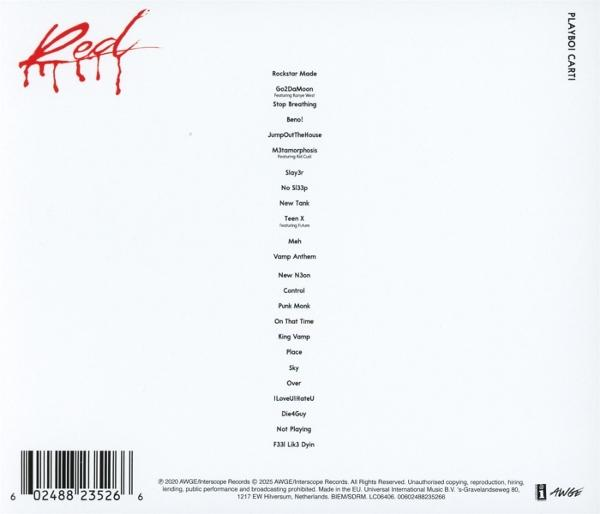 Albumcover für Playboi Cartis 'Red'. Enthält roten Text und Titelliste auf weißem Hintergrund.